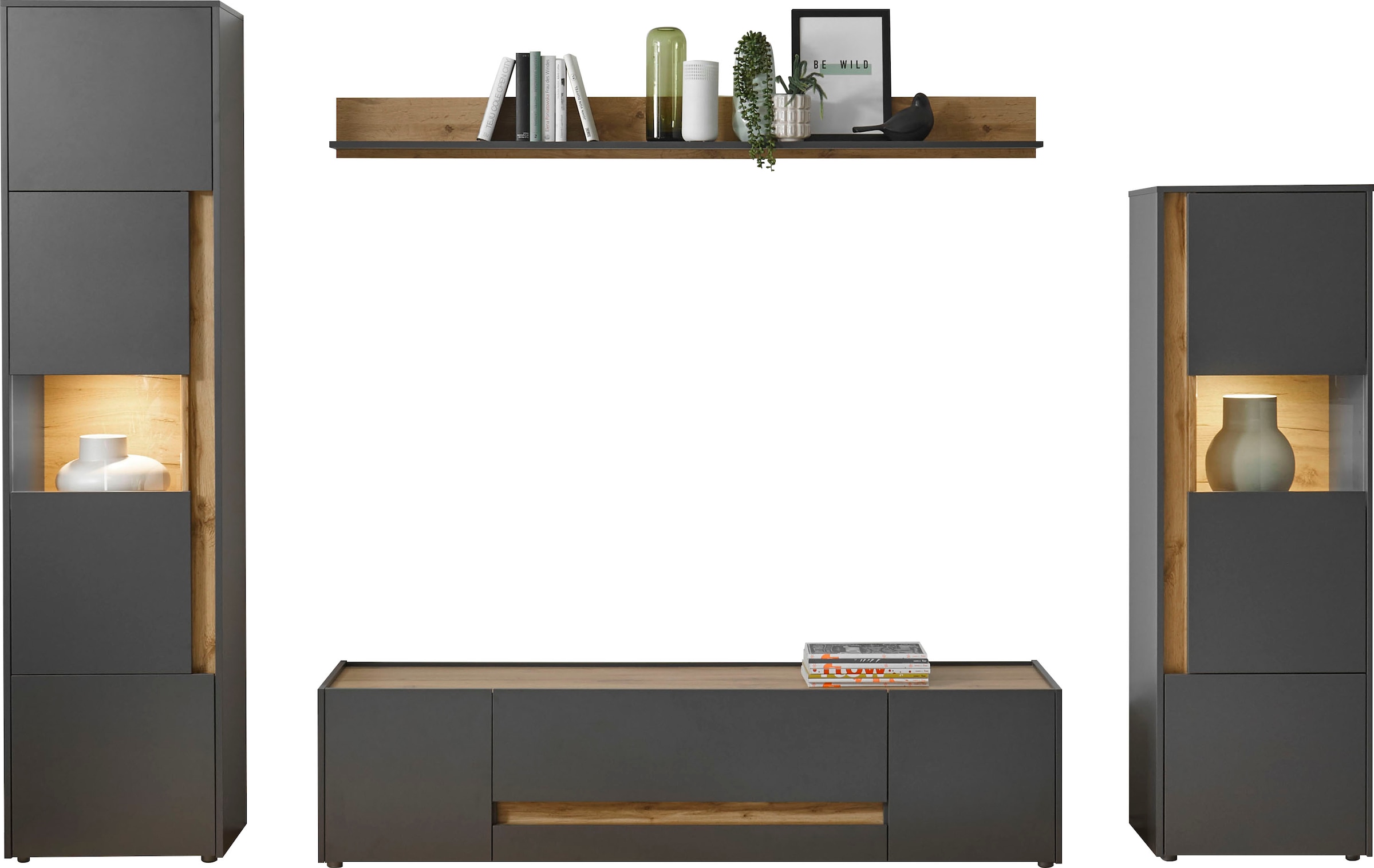 INOSIGN Wohnwand »City/Giron, moderne Anbauwand, Komplettset in vielen Farben verfügbar«, (Set, 4 St.), enthält zwei Vitrinen, ein Lowboard & ein Wandboard