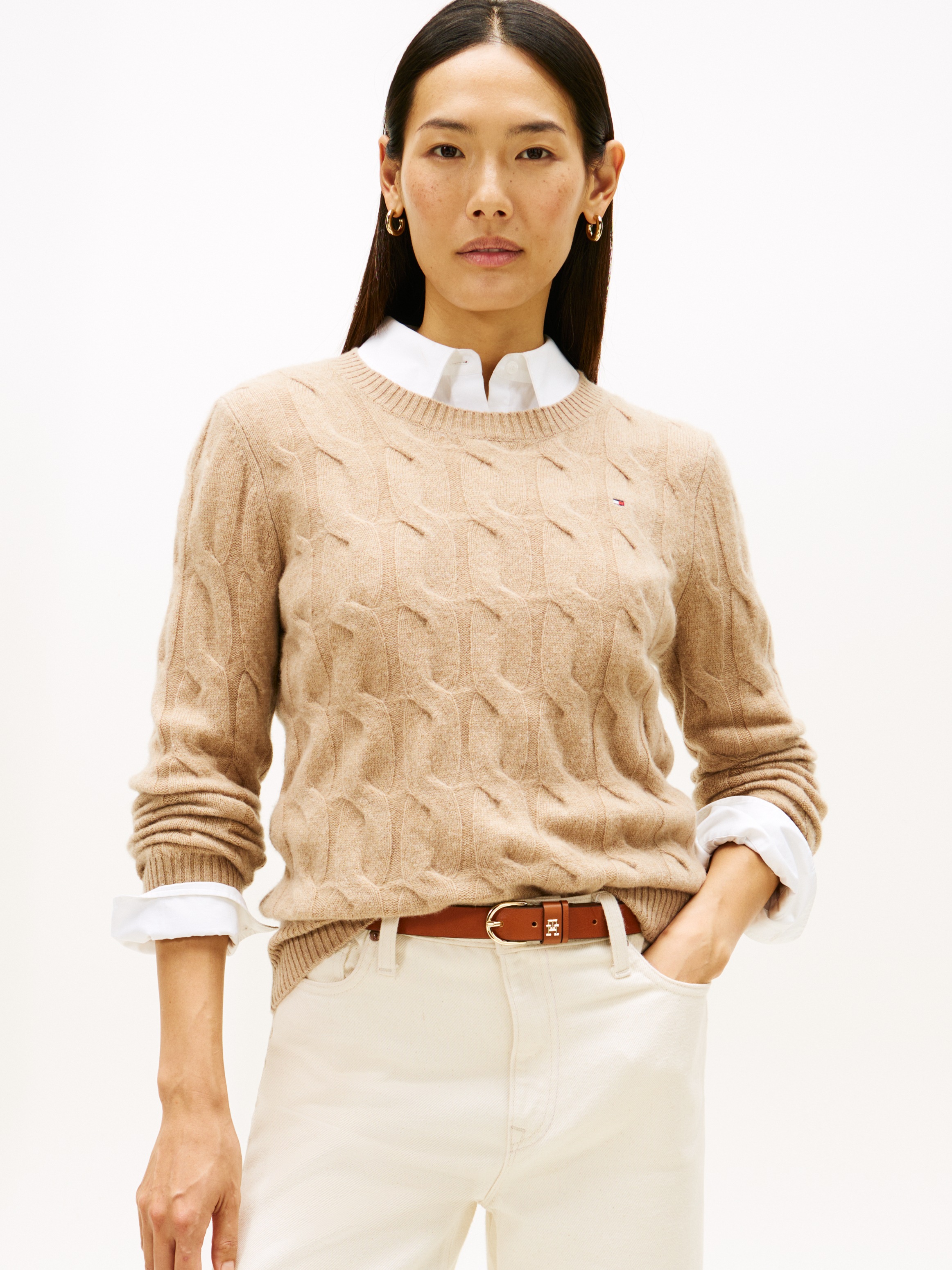 Tommy Hilfiger Strickpullover »SOFT WOOL CABLE C-NK« mit Zopfmuster, aus reiner Wolle