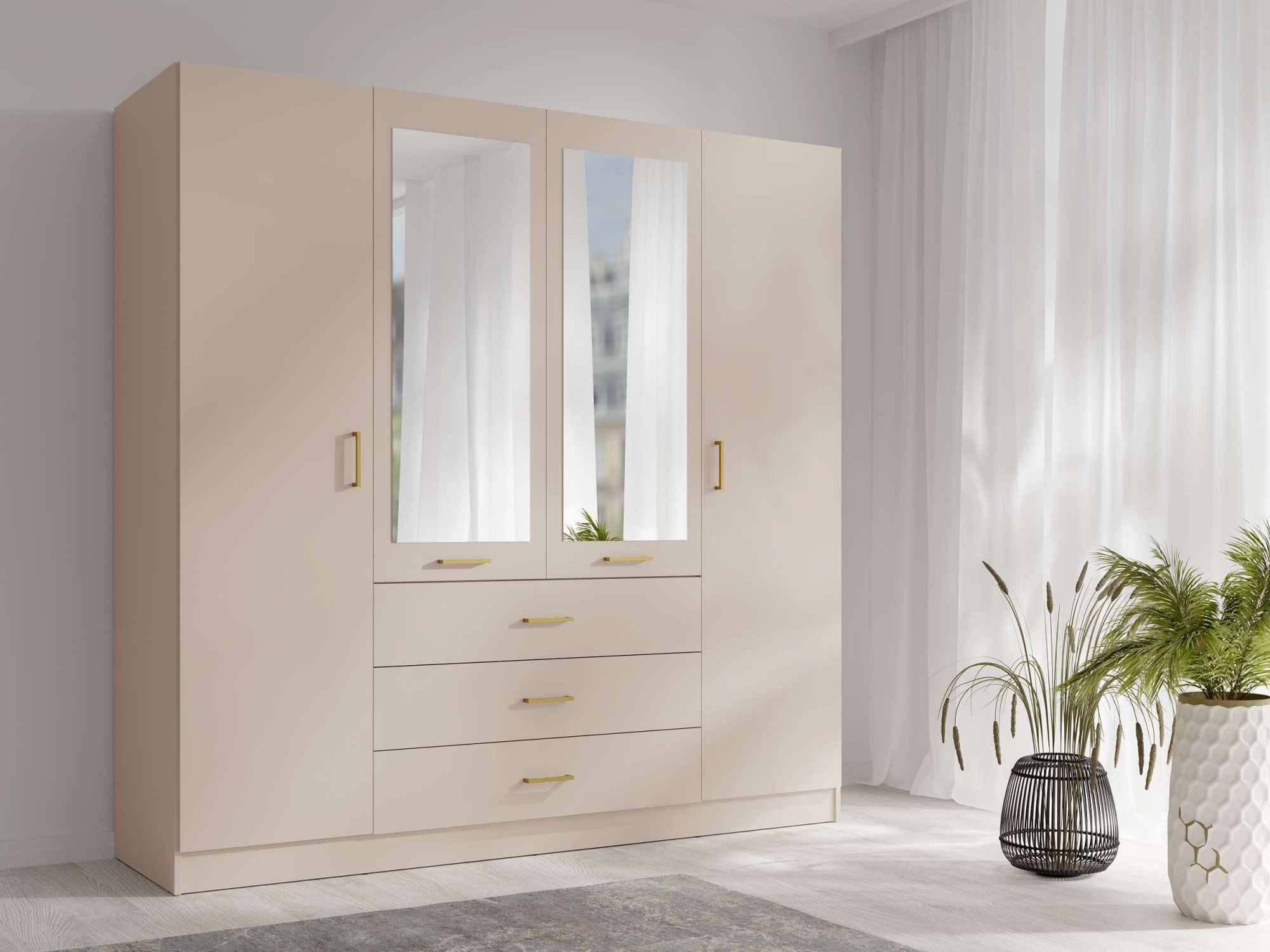 GOODproduct Kleiderschrank "KOS Garderobe mit 3 Schubladen, Kleiderstange, 8 Einlegeböden, Spiegel" Kleiderschrank mit 4 Türen, goldenen Griffen, Masse B/H/T 200/200/58 cm