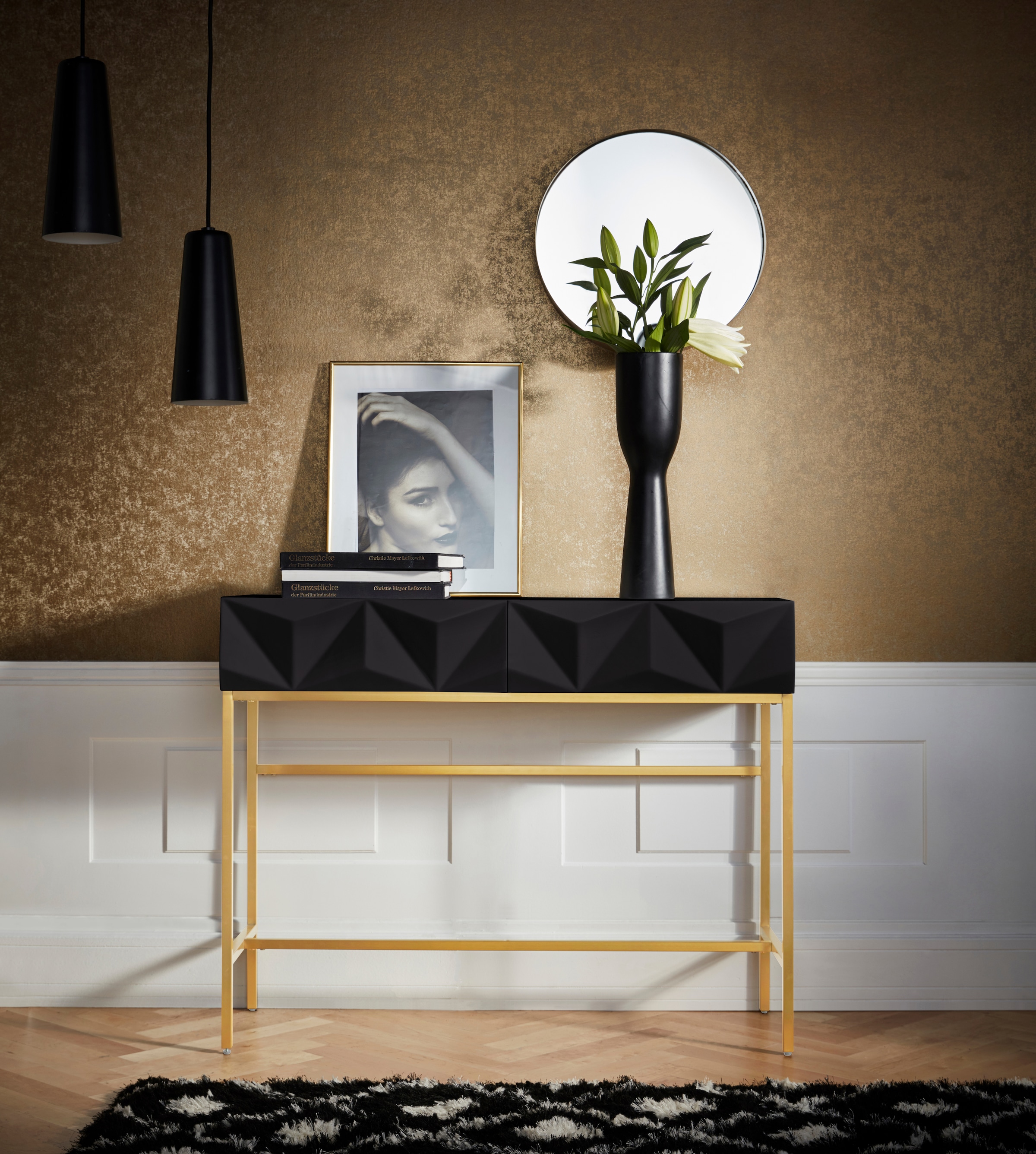 Leonique Sideboard »Minfi, TOPSELLER!, OTTOs Choice«, in 3D-Optik, Konsolentisch mit goldfarbenem Metallgestell