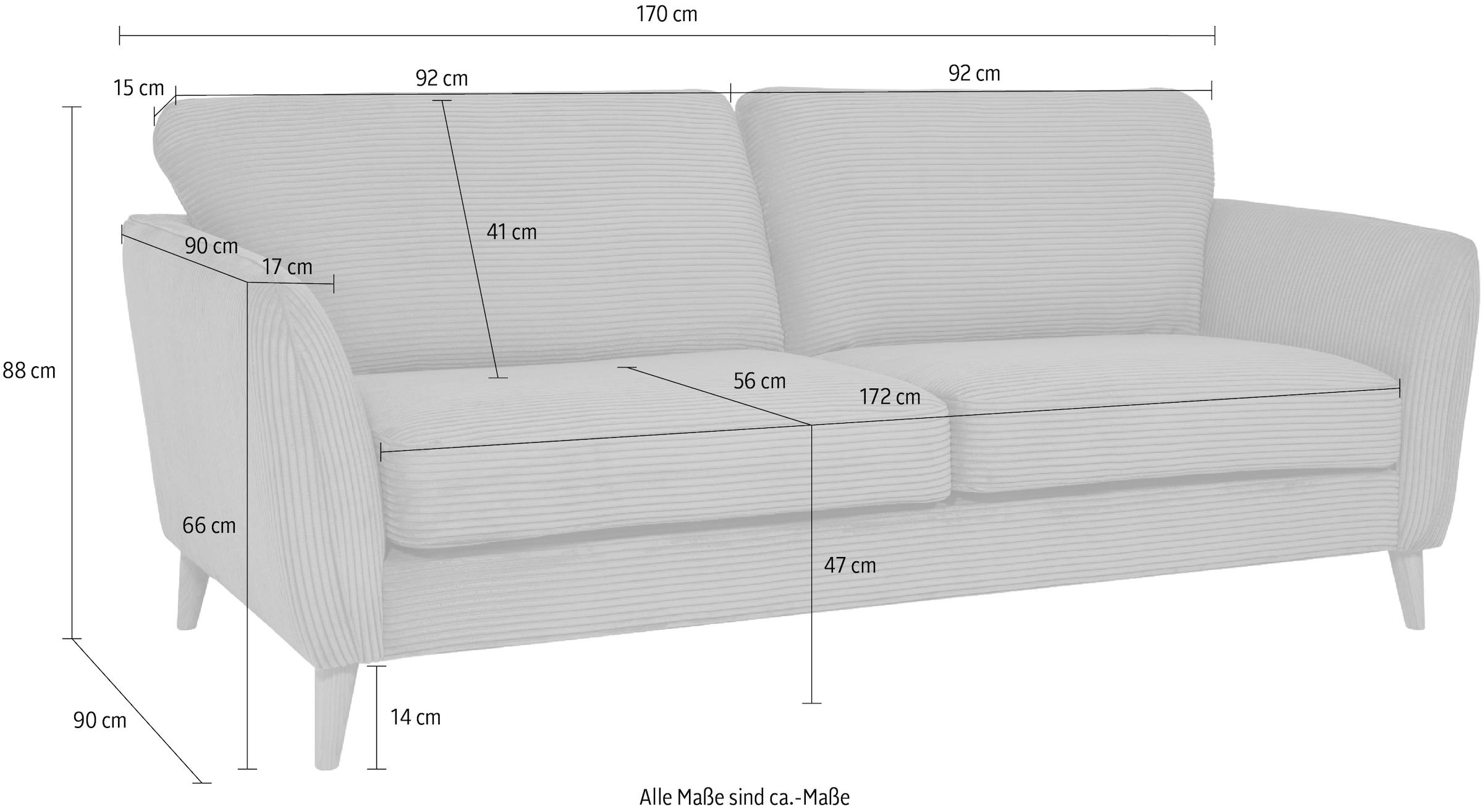 Home affaire 2-Sitzer »MARSEILLE Kompaktsofa 170 cm, Cord, Flachgewebe, Struktur, Webstoff«, Massivholzbeine Eiche, Landhausstil, Wellenunterfederung