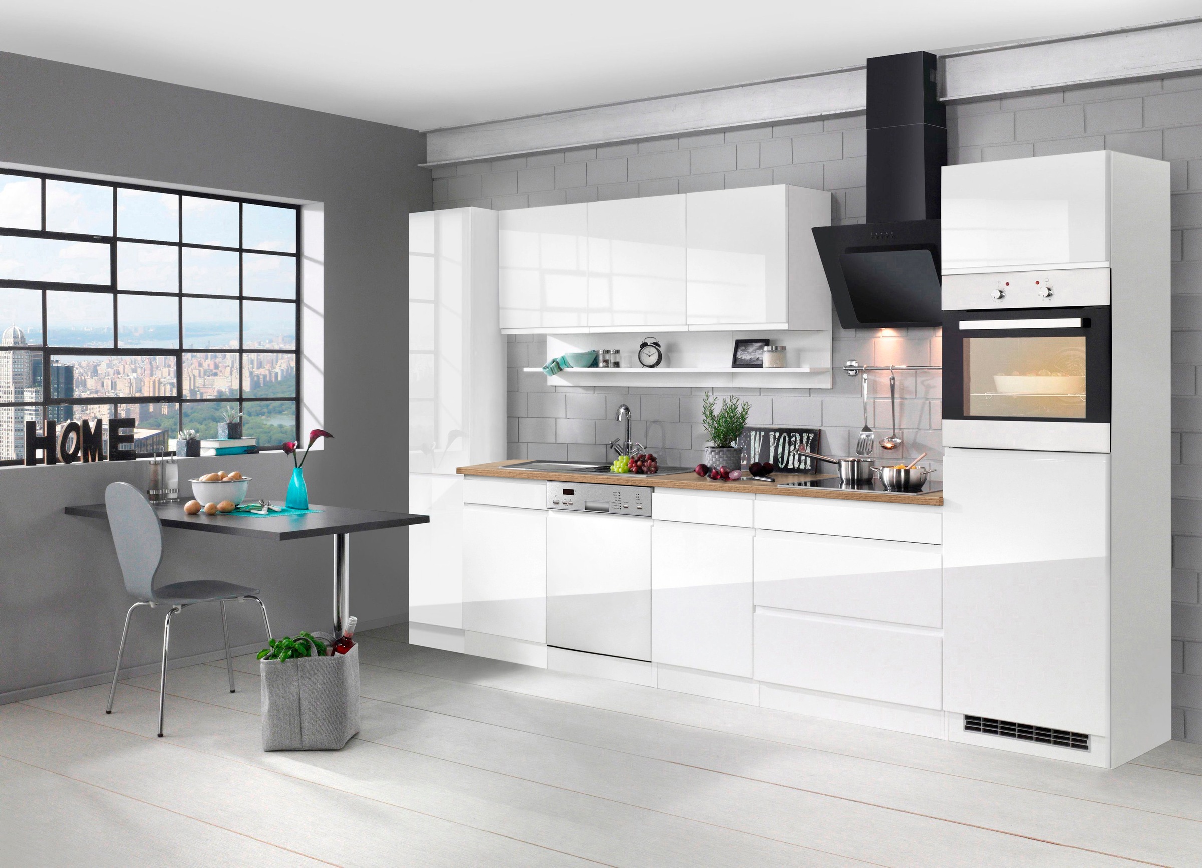 KOCHSTATION Küchenzeile "KS-Virginia,neu in verbesserter Ausführung" Arbeitsplatte 38 mm stark, Stauraum, Softclose, Breite 330 cm, Soft-Close, ohne E-Geräte