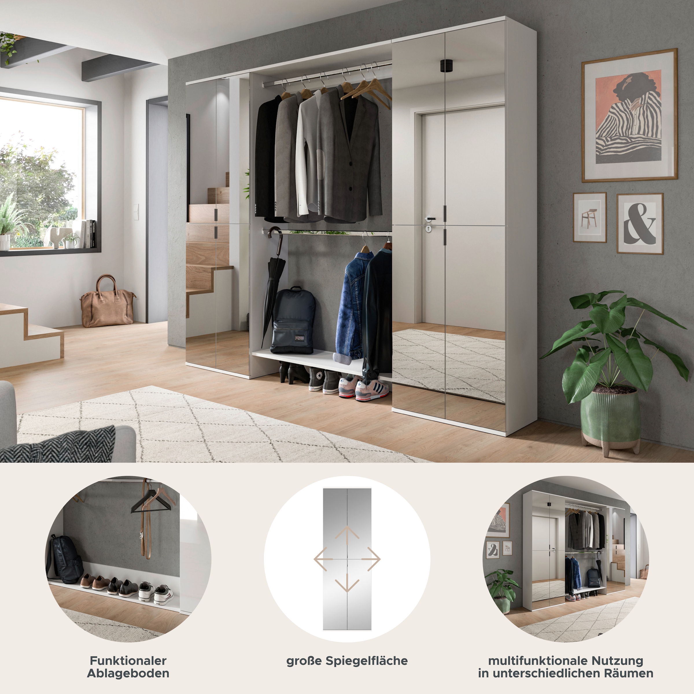 INOSIGN Garderoben-Set »Trondheim, Garderobenset 3-tlg. Breite 232 cm,«, (3 St.), best. aus: 2x Spiegelschrank, 2 Kleiderstanden, Flur, Diele