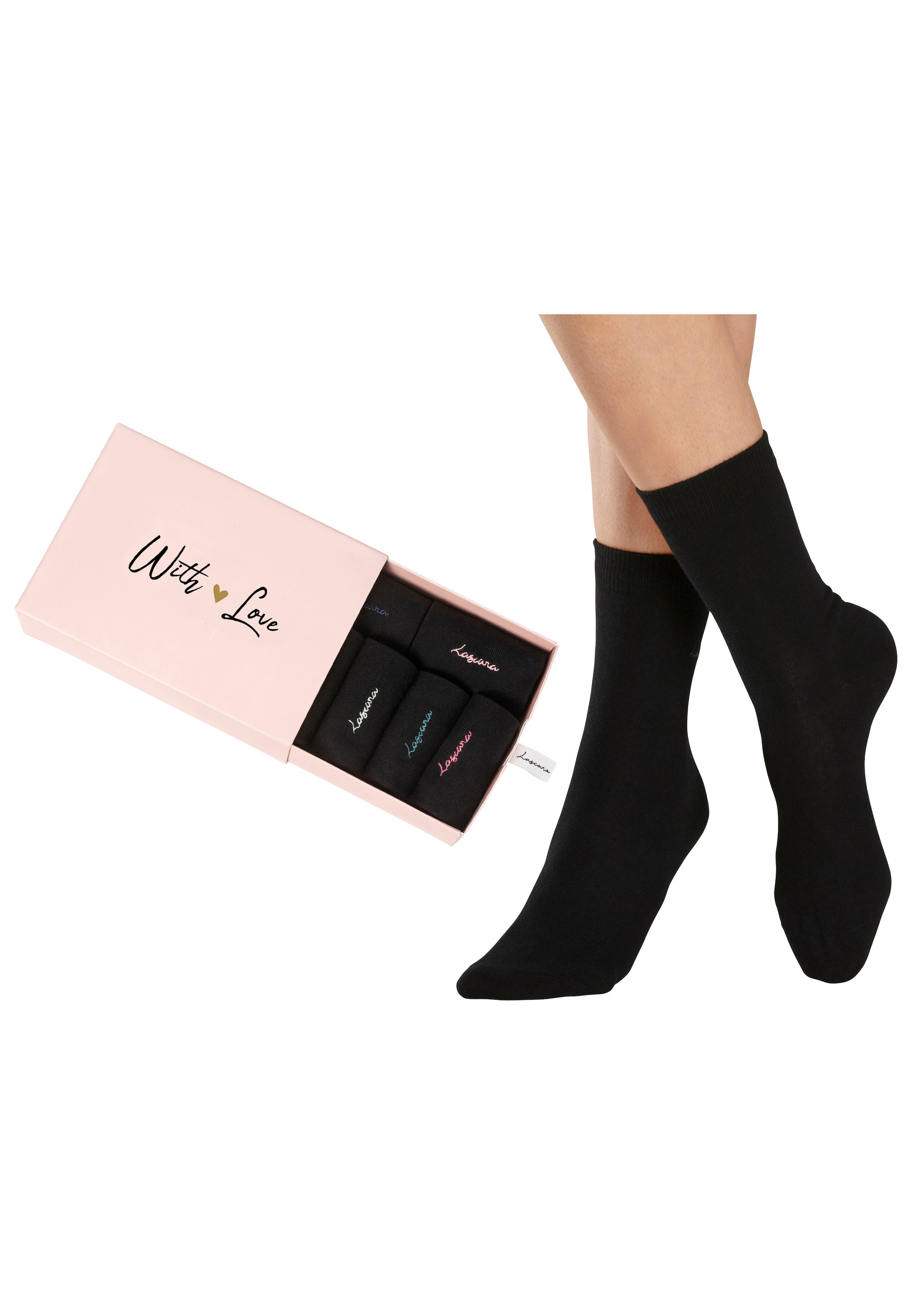 LASCANA Basicsocken, (Box, 7 Paar), mit hochwertiger Logo Stickerei