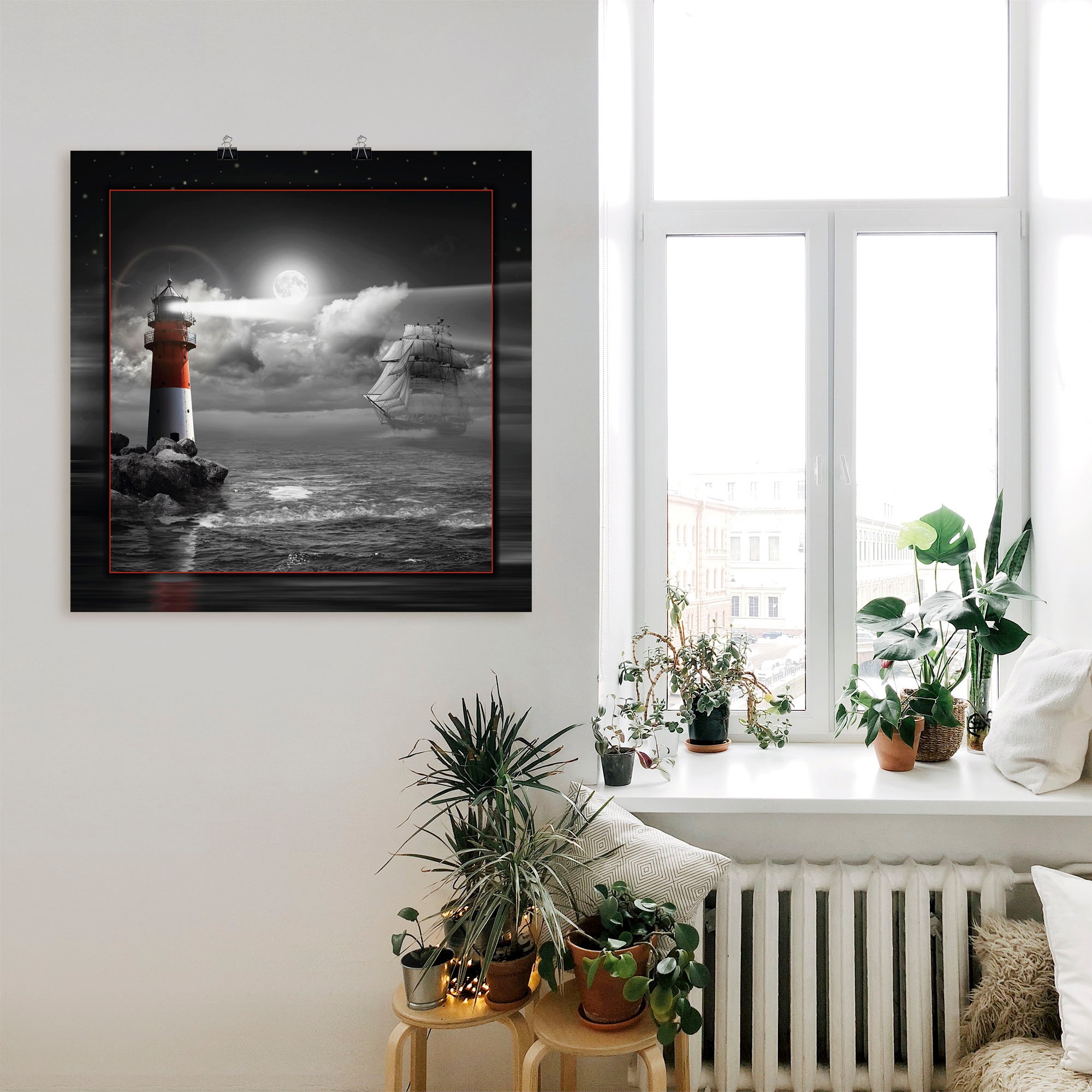 Artland Wandbild »Leuchtturm und Segelschiff im Mondschein«, Küste, (1 St.), als Leinwandbild, Poster, Wandaufkleber in verschied. Grössen