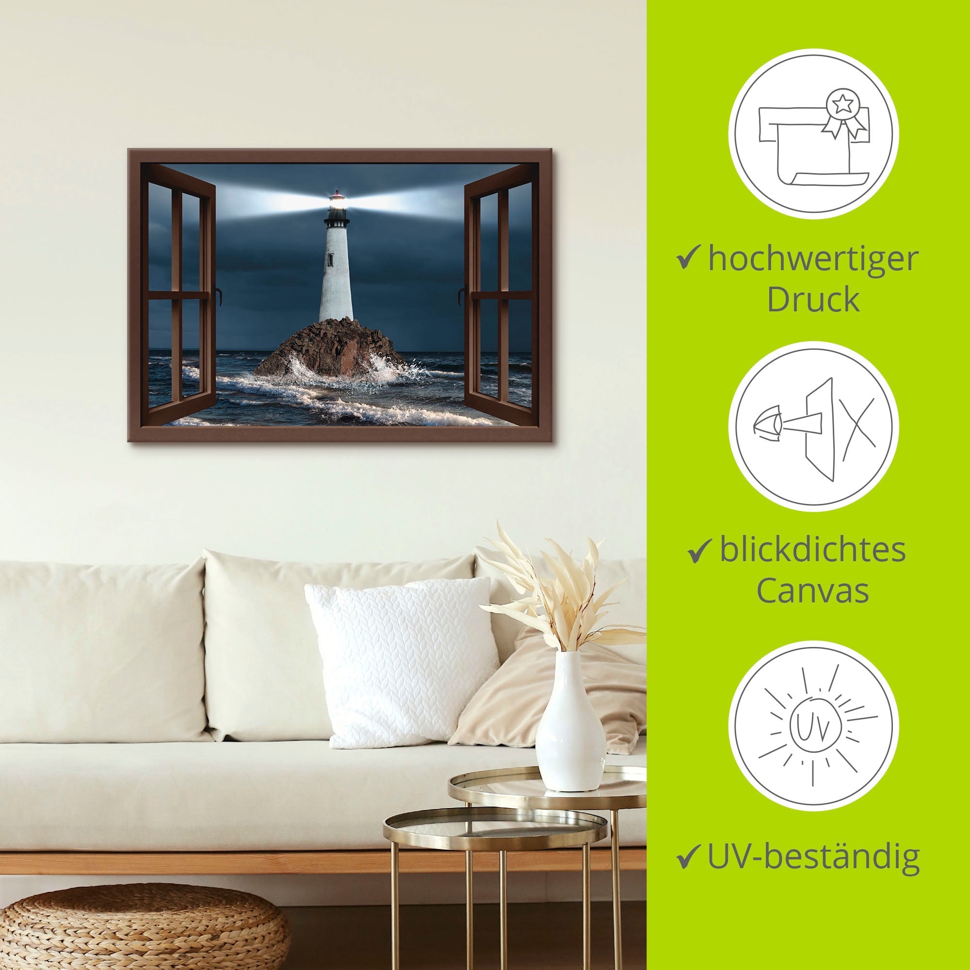 Artland Wandbild »Fensterblick Leuchtturm mit Lichtstrahl«, Gebäude, (1 St.), als Leinwandbild, Wandaufkleber in verschied. Grössen