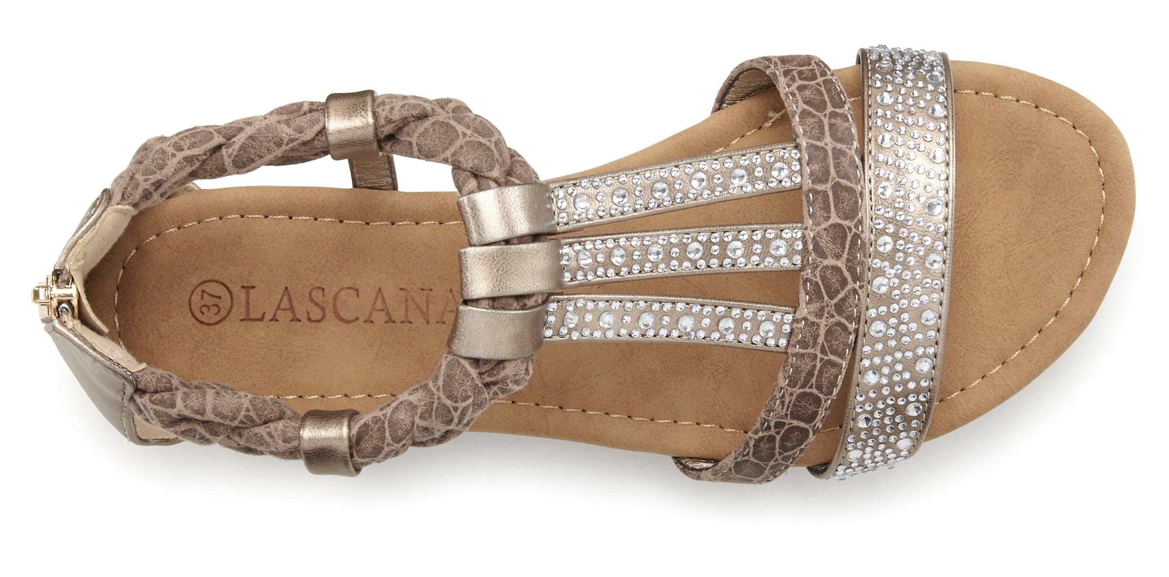 LASCANA Sandale »Sommerschuh, Sandalette«, mit Glitzersteinen und kleinem Keilabsatz im Festival-Look VEGAN
