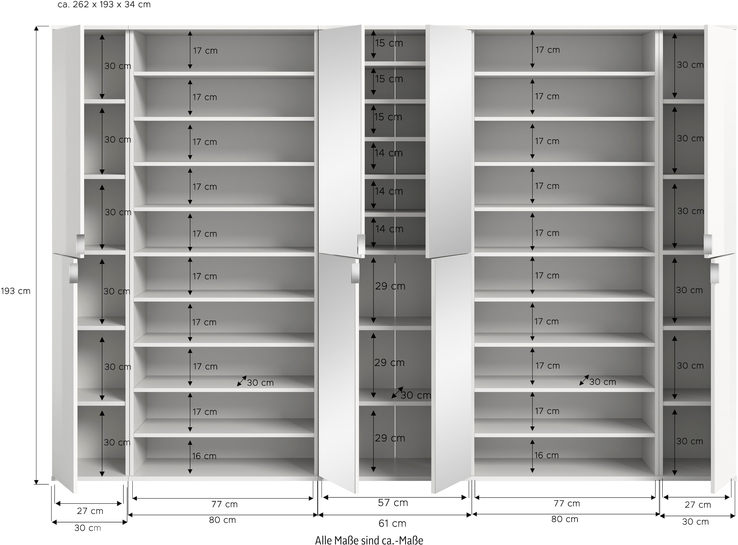 INOSIGN Garderoben-Set »Trondheim, Garderobenset 5-tlg. Breite 262 cm,«, (5 St.), hochglanz, best. aus: Spiegelschrank, 2x Schuhregal, 2x Schrank, Flur