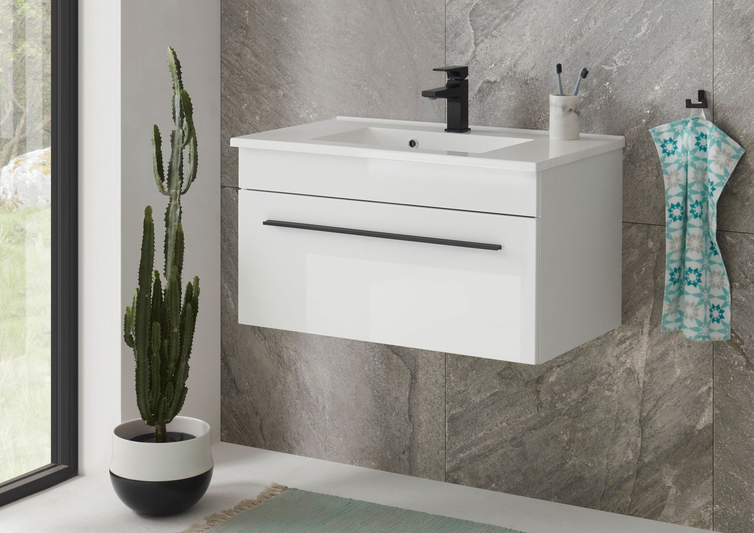 INOSIGN Waschtisch »Cantara, Waschtisch inkl. Waschbecken, modernes Design«, mit schwarzen Griffen, ausreichend Stauraum