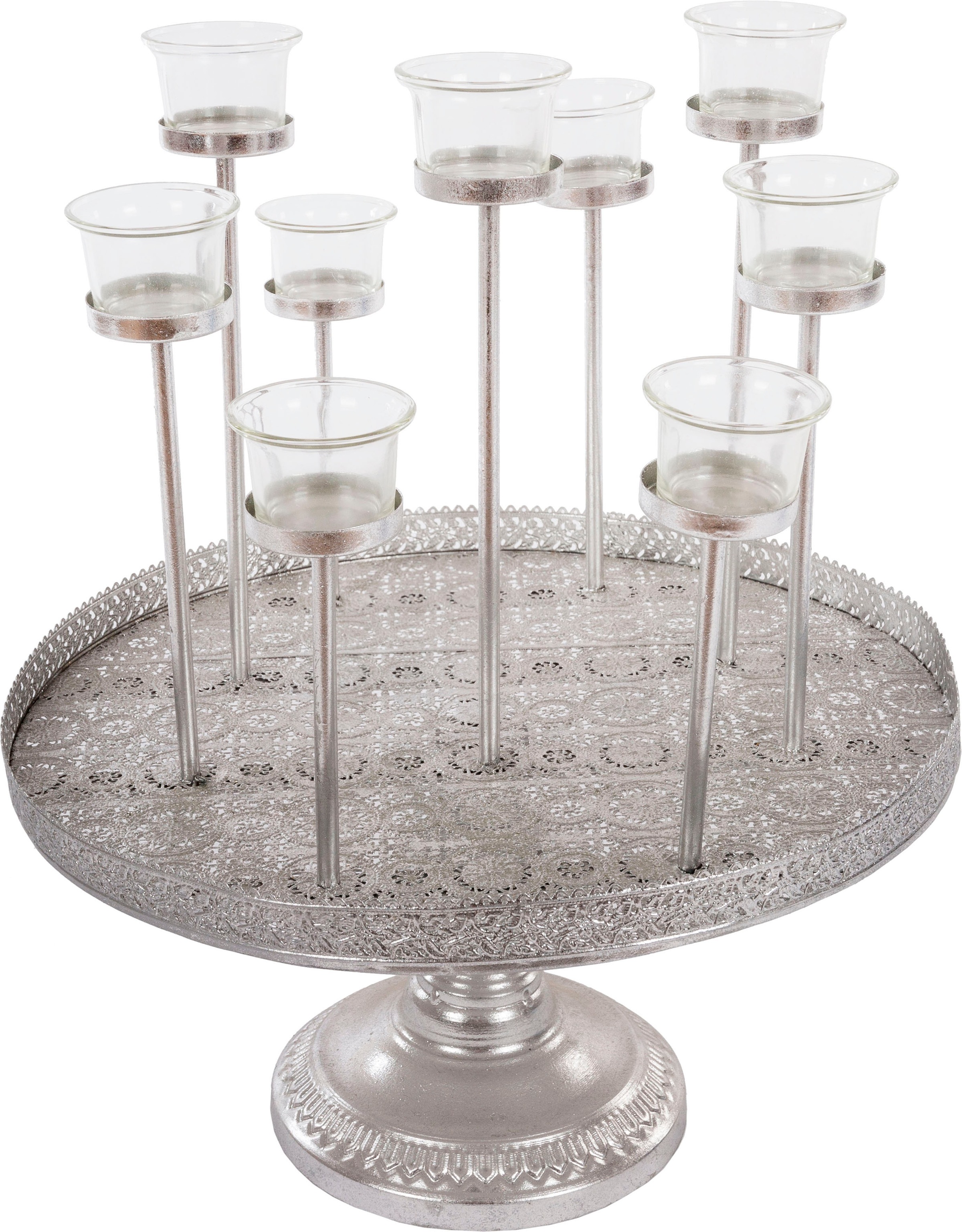 Myflair Möbel & Accessoires Tablett "Muki, silber" Dekotablett rund, mit Fuß, Ø 40 cm, mit 8 Teelichthaltern, Wohnzimmer