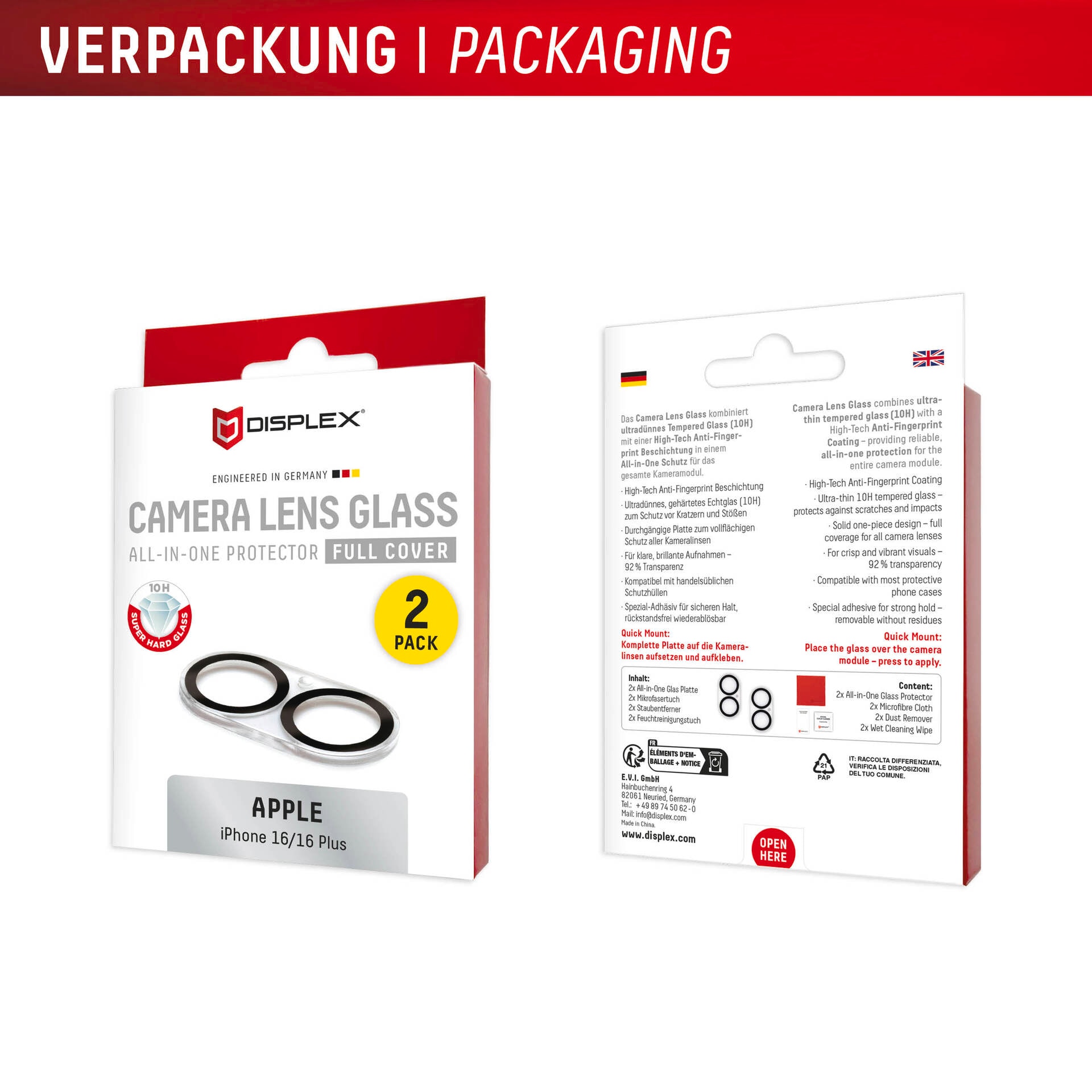 Displex Kameraschutzglas »Camera Lens Glass All-In-One Protector Full Cover«, für Apple iPhone 16-Apple iPhone 16 Plus, (Packung, 2x All-In-One Glas), Objektivschutz, Kameraschutz, kratz- & stossfest