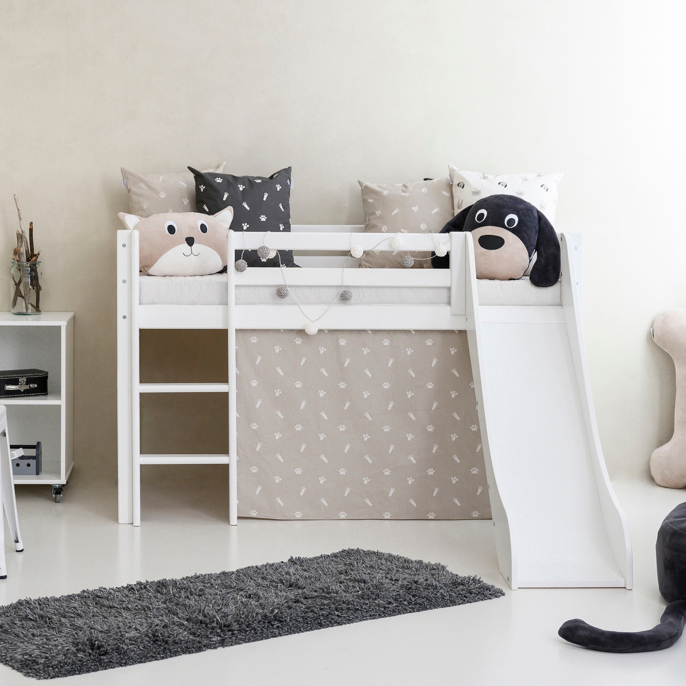 Hoppekids Hochbett »«Pets Silbergrau»« Rutsche & Vorhang Grau und viel Auswahl