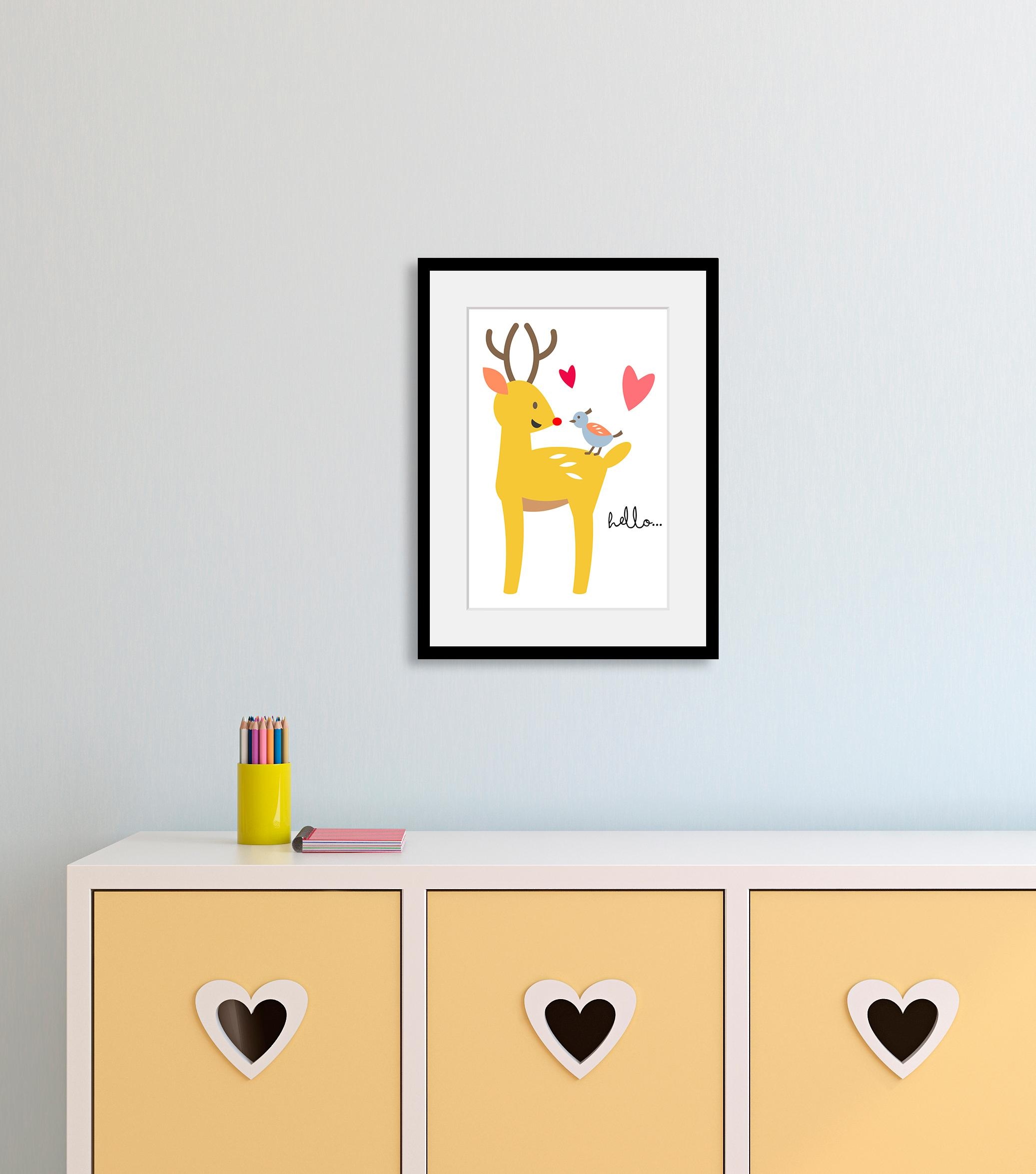 Home affaire Bild »Hirsch«, Hirsch-Hirschbilder-Herz-Herzbilder-Vögel-Vogelbilder-Schriftzug, HD Premium Poster-Druck inkl. Holzrahmen