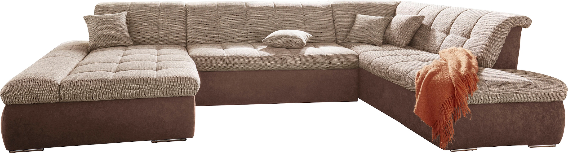 DOMO collection Wohnlandschaft »PB Moric wahlweise mit Bettfunktion und Armteilverstellung  U-Form«, XXL-Format B/T/H: 353/216/80 cm, feine Steppung, incl. Zierkissen