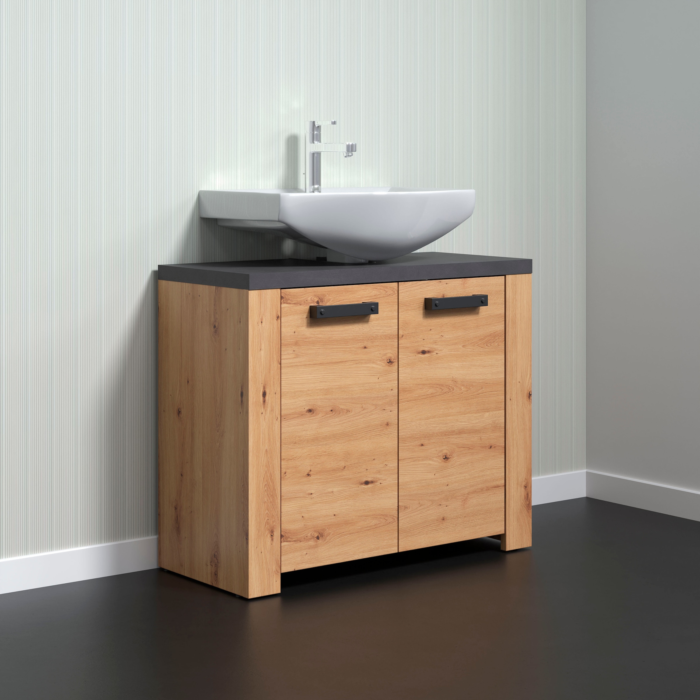 Home affaire Waschbeckenunterschrank »Ambres«, Waschtisch in matter Echtholzoptik - Masse (B/T/H) 79/35/67 cm