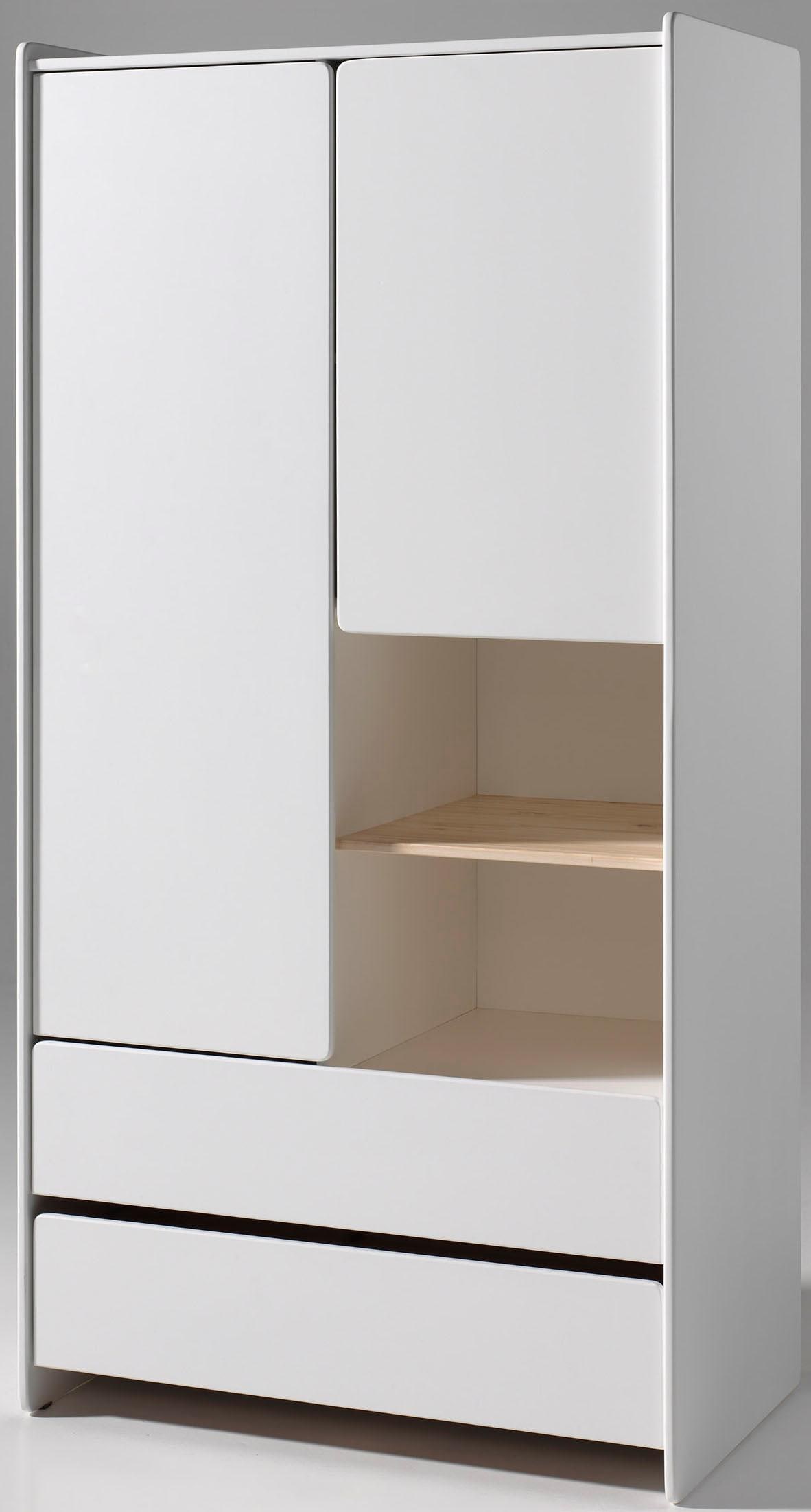 Vipack Kleiderschrank »Kiddy, mit funktioneller Einteilung und 2 Schubladen, stabil gebaut«, (H/T ca. 180x55cm, MDF weiss lackiert, Fachboden Kiefer), bietet viel Stauraum, wahlweise 2 Schrankbreiten