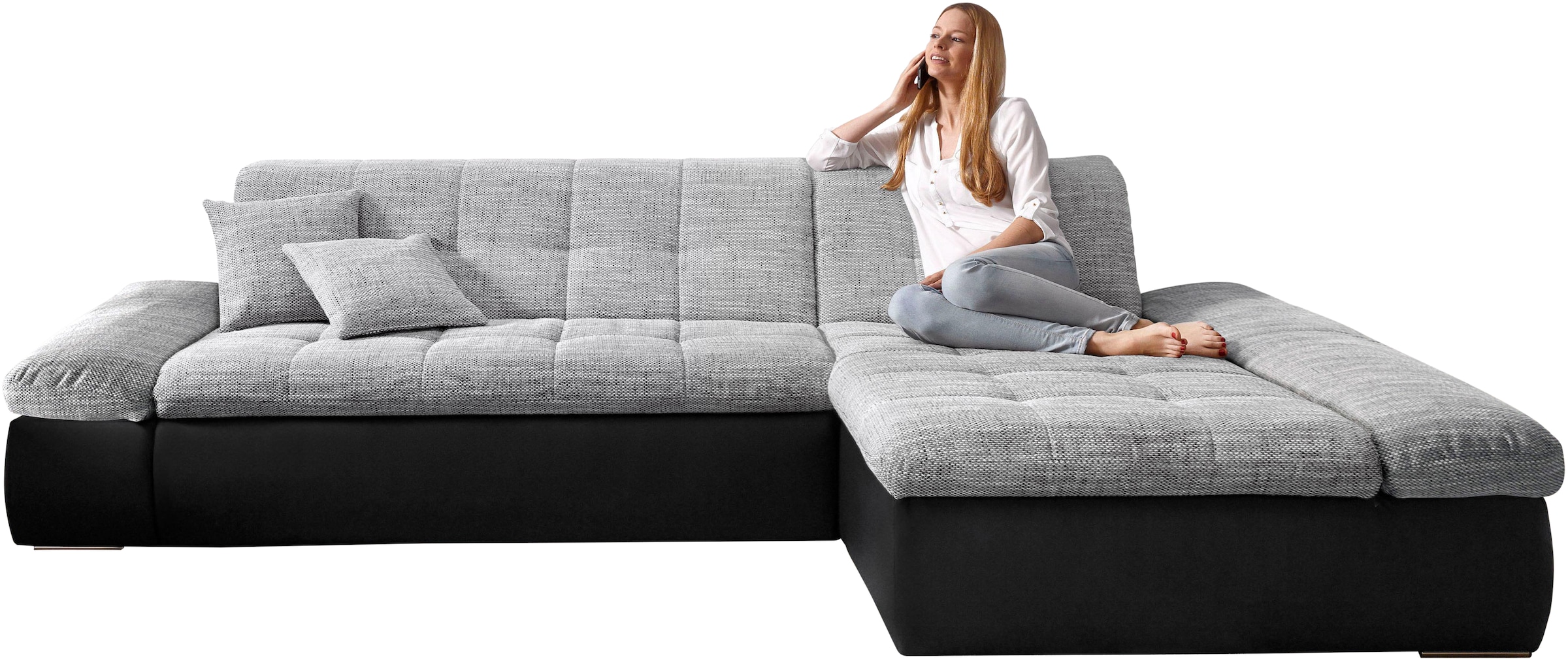 DOMO collection Ecksofa »Moric, L-Form, XXL-Sofa - Breite 300cm«, wahlweise mit Bettfunktion und Armteilverstellung, schwarz-silberfarben