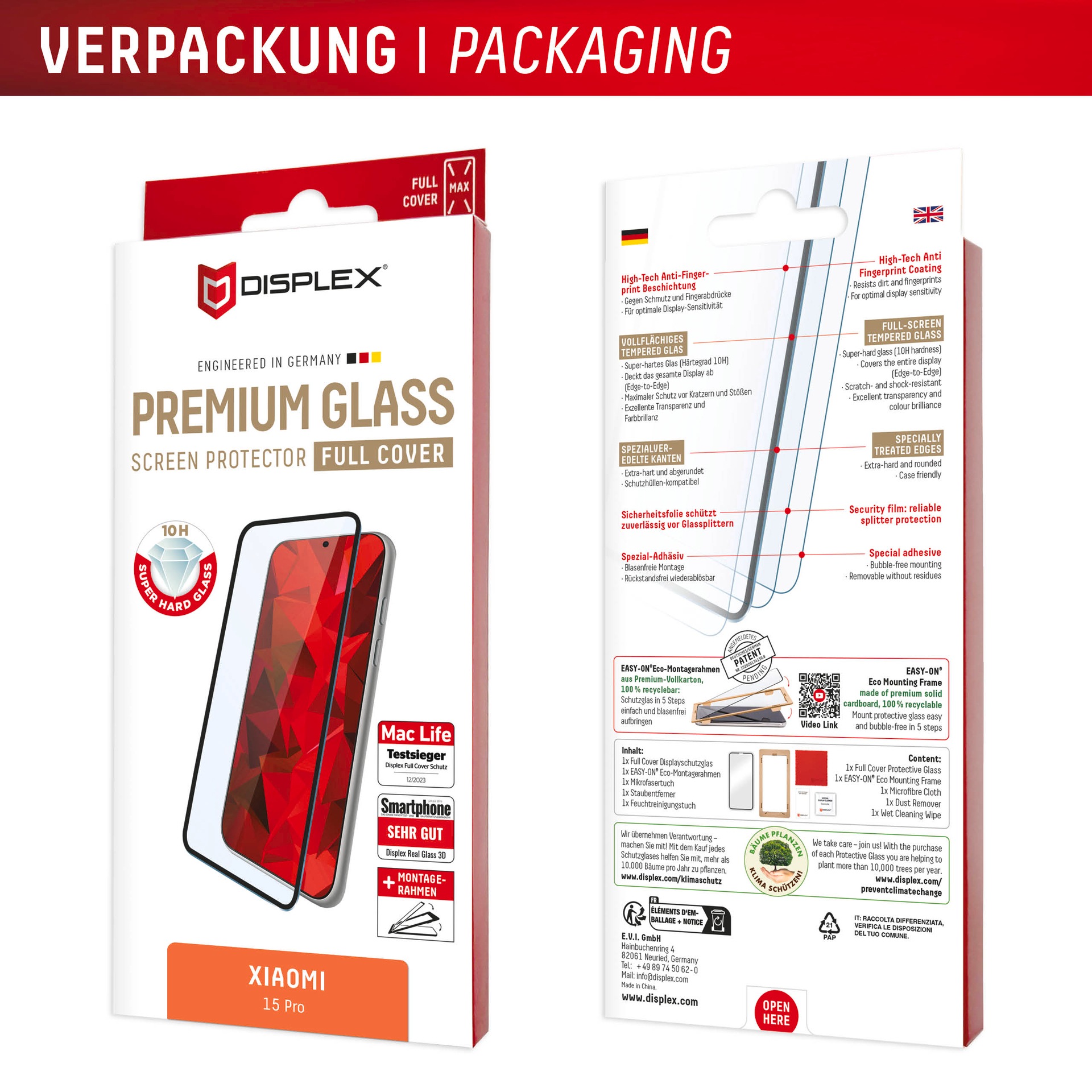 Displex Displayschutzglas »Premium Glass Screen Protector (Full Cover)«, für Xiaomi 15 Pro, Displayschutzfolie, Schutzfolie, Bildschirmschutz, kratz- & stossfest
