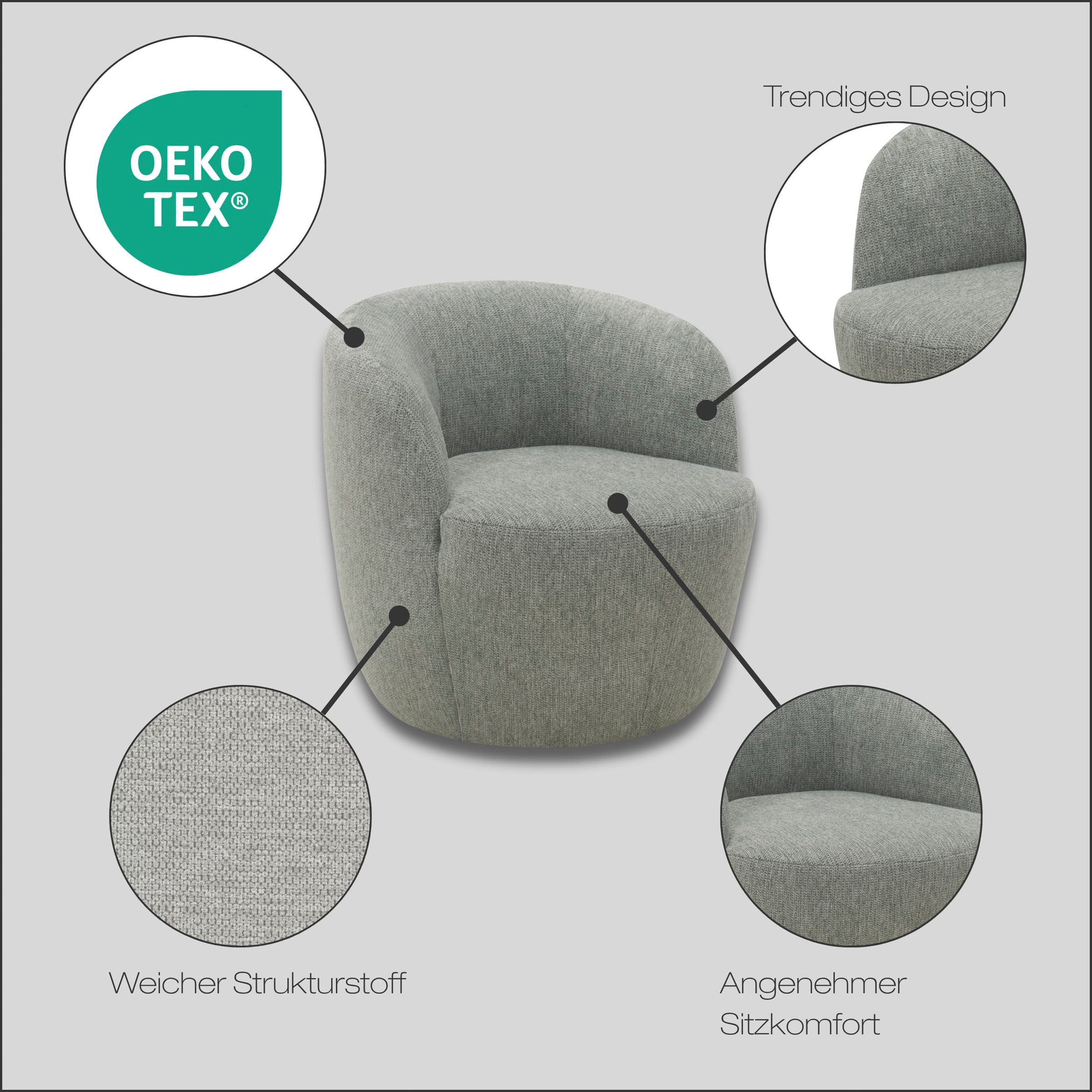 DOMO collection Sessel »Obidos moderner Loungesessel«, Struktur weich, grau