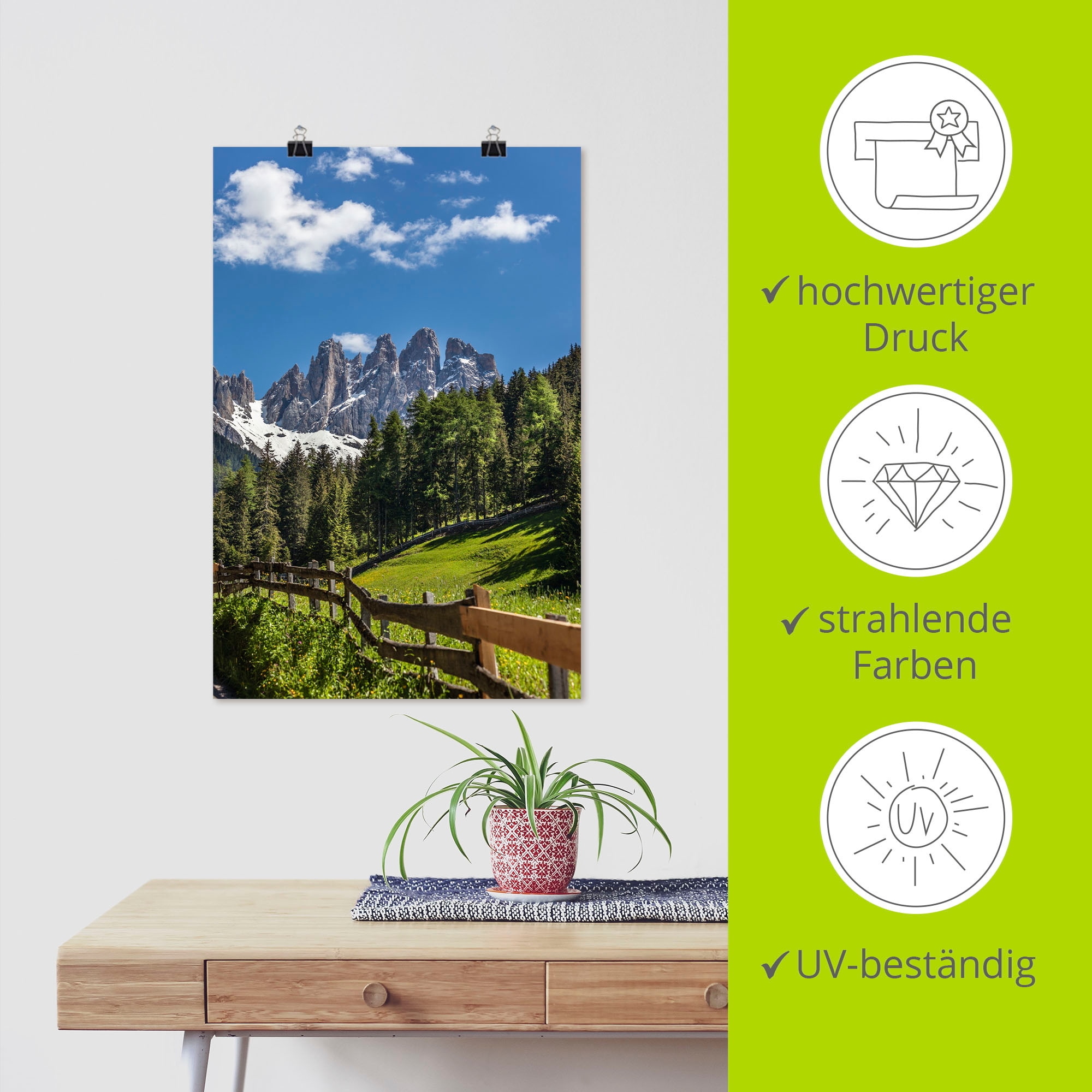 Artland Wandbild »Villnösstal mit Dolomiten, Südtirol«, Berge & Alpenbilder, (1 St.), als Leinwandbild, Poster in verschied. Grössen