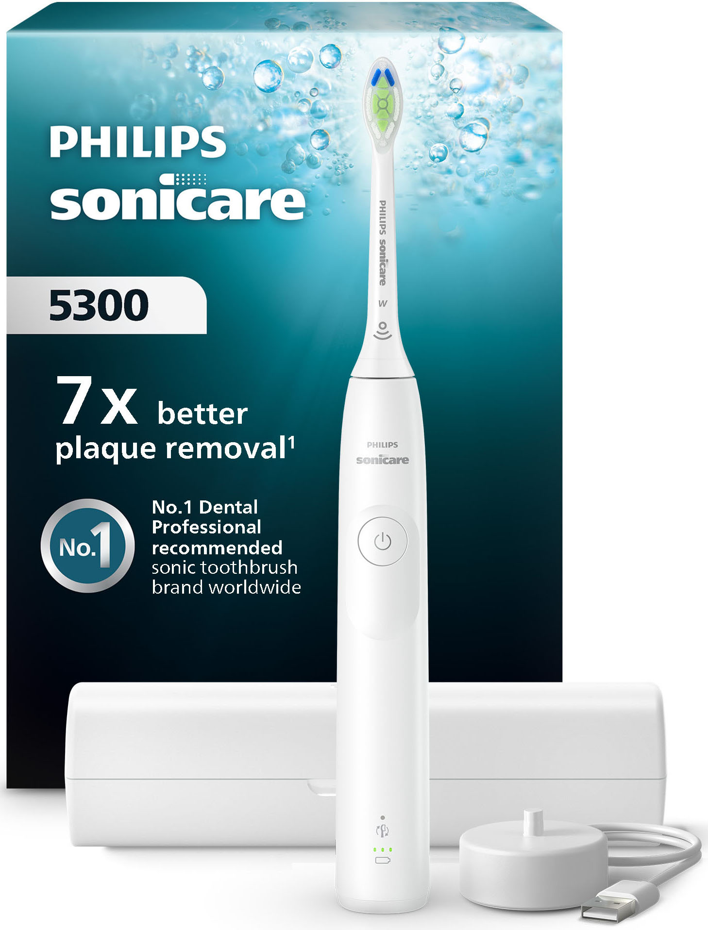 Philips Sonicare Elektrische Zahnbürste "Series 5300" 1 Stk. Aufsteckbürsten mit Andruckkontrolle, 2 Intensitätsstufen, inkl. Ladegerät, Reiseetui