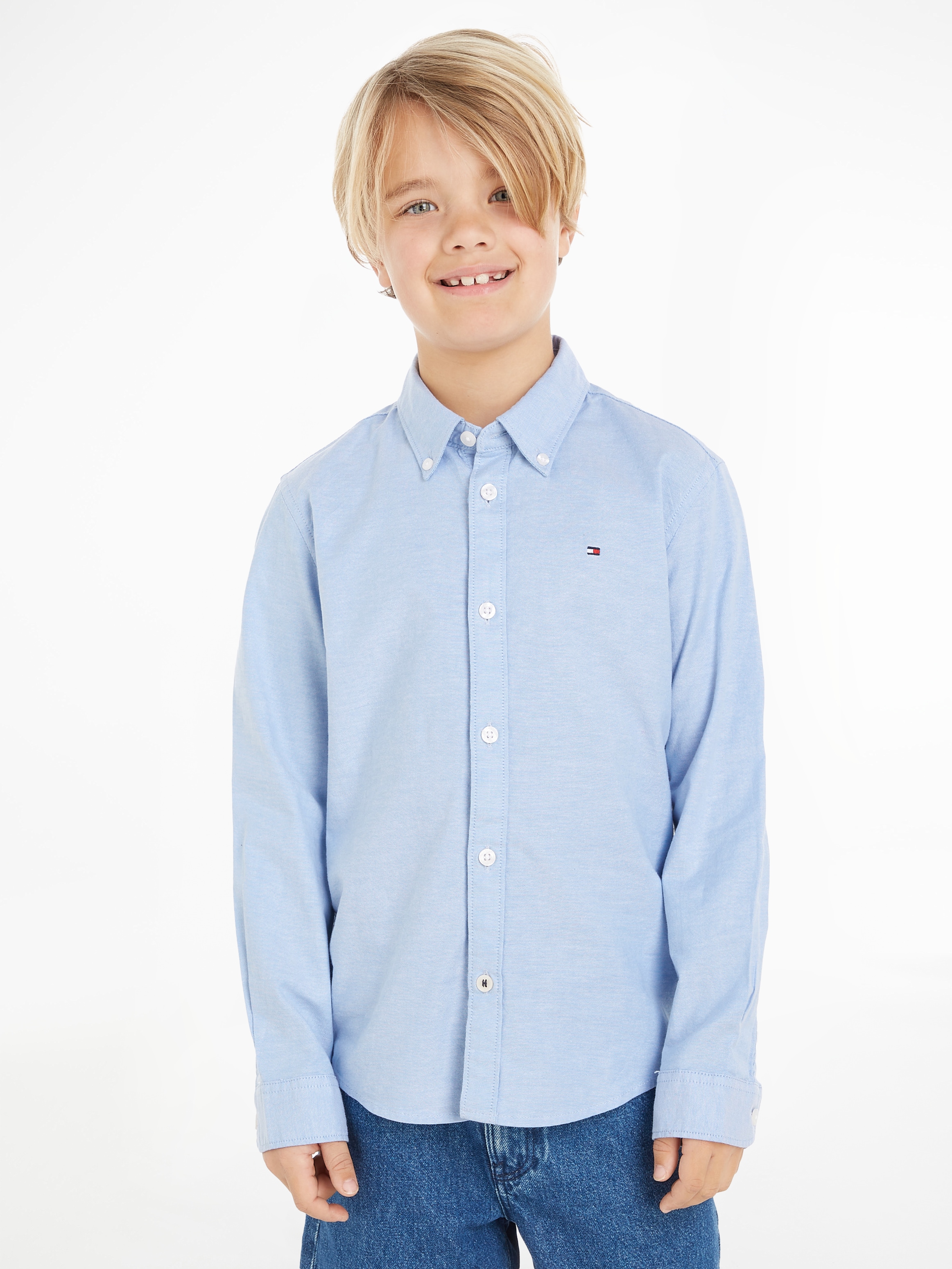 Tommy Hilfiger Langarmhemd »BOYS STRETCH OXFORD SHIRT L/S«, Kinder bis 16 Jahre, Button-down-Kragen, Langarm, Logo-Flag