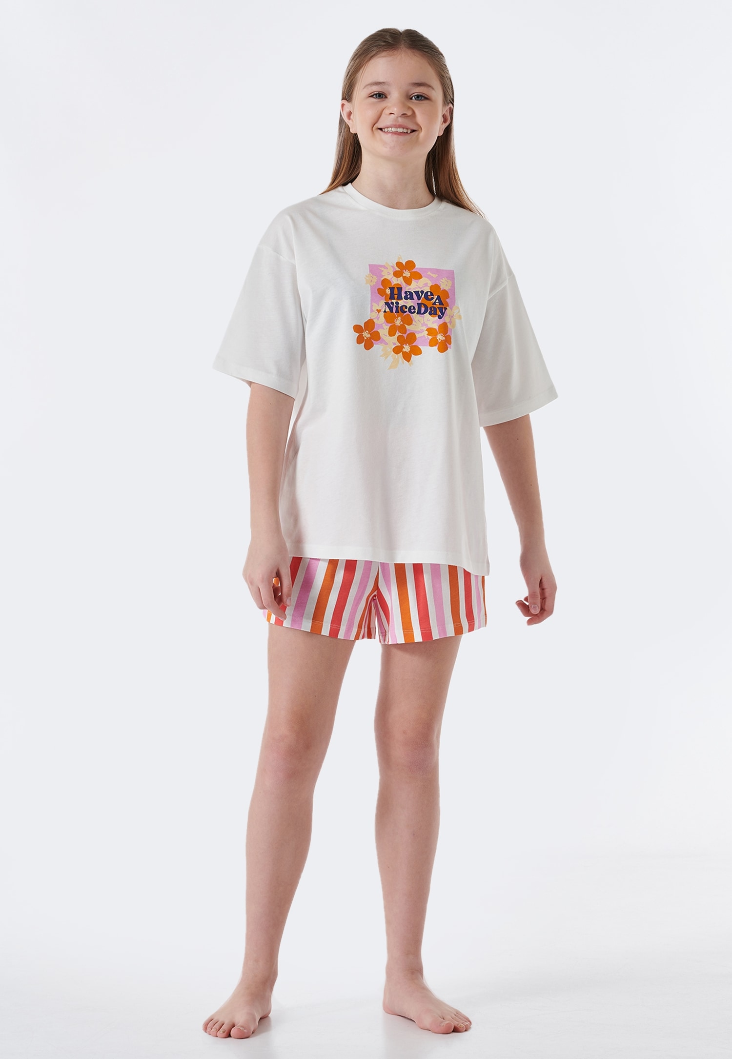 Schiesser Pyjama »"Nightwear"«, (2 tlg.), mit „Have A Nice Day“-Schriftzug und sommerlichen Blumen-Print