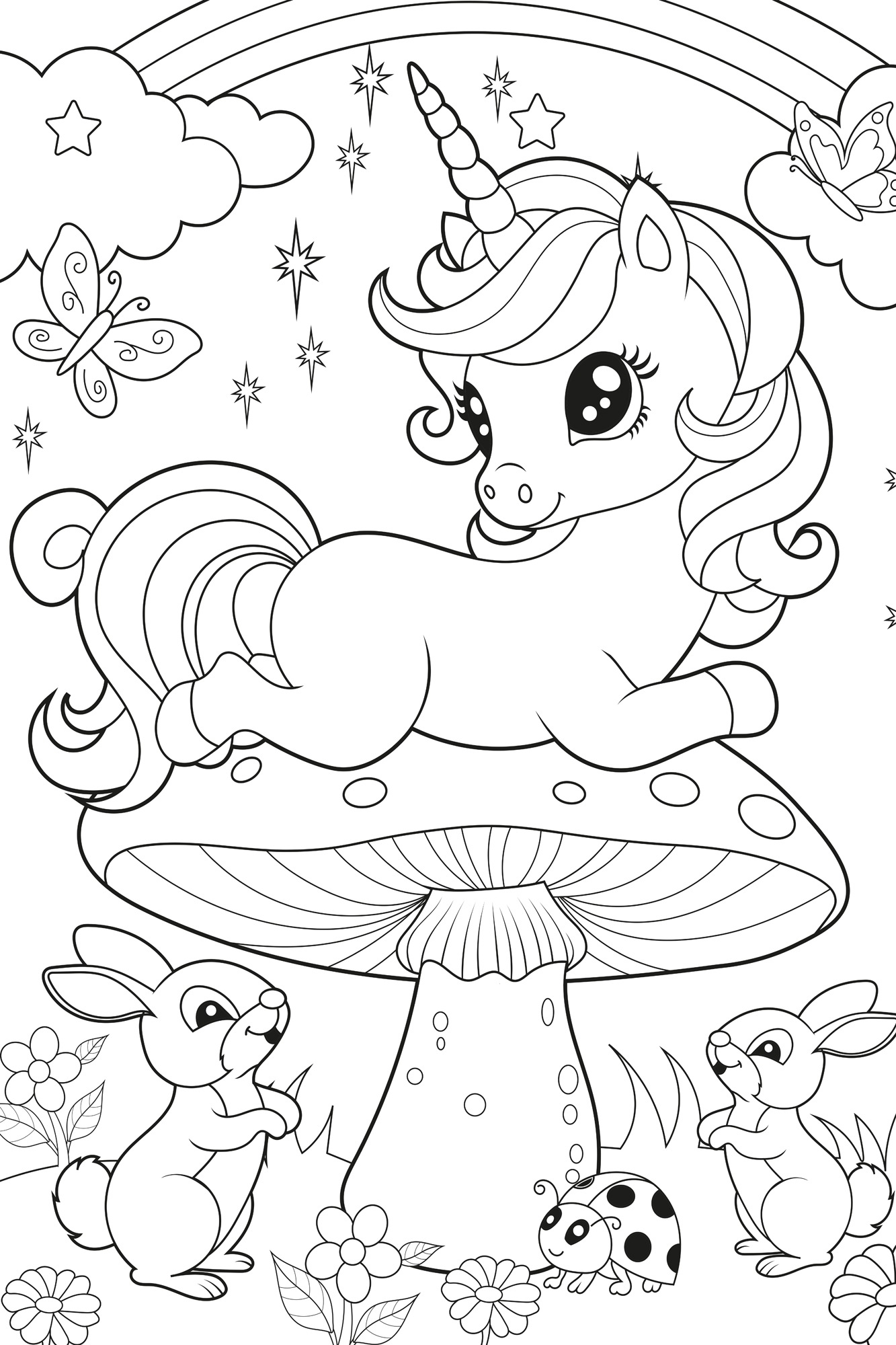 queence Bild »Einhorn auf Fliegenpilz«, Blätter-Blätterbilder-Einhorn-Figuren-klassische Fantasie-Märchen-Mädchen-Märchenbilder-Regenbogen-Schmetterlinge, (1 St.), DIY Wandbild aus Dibond