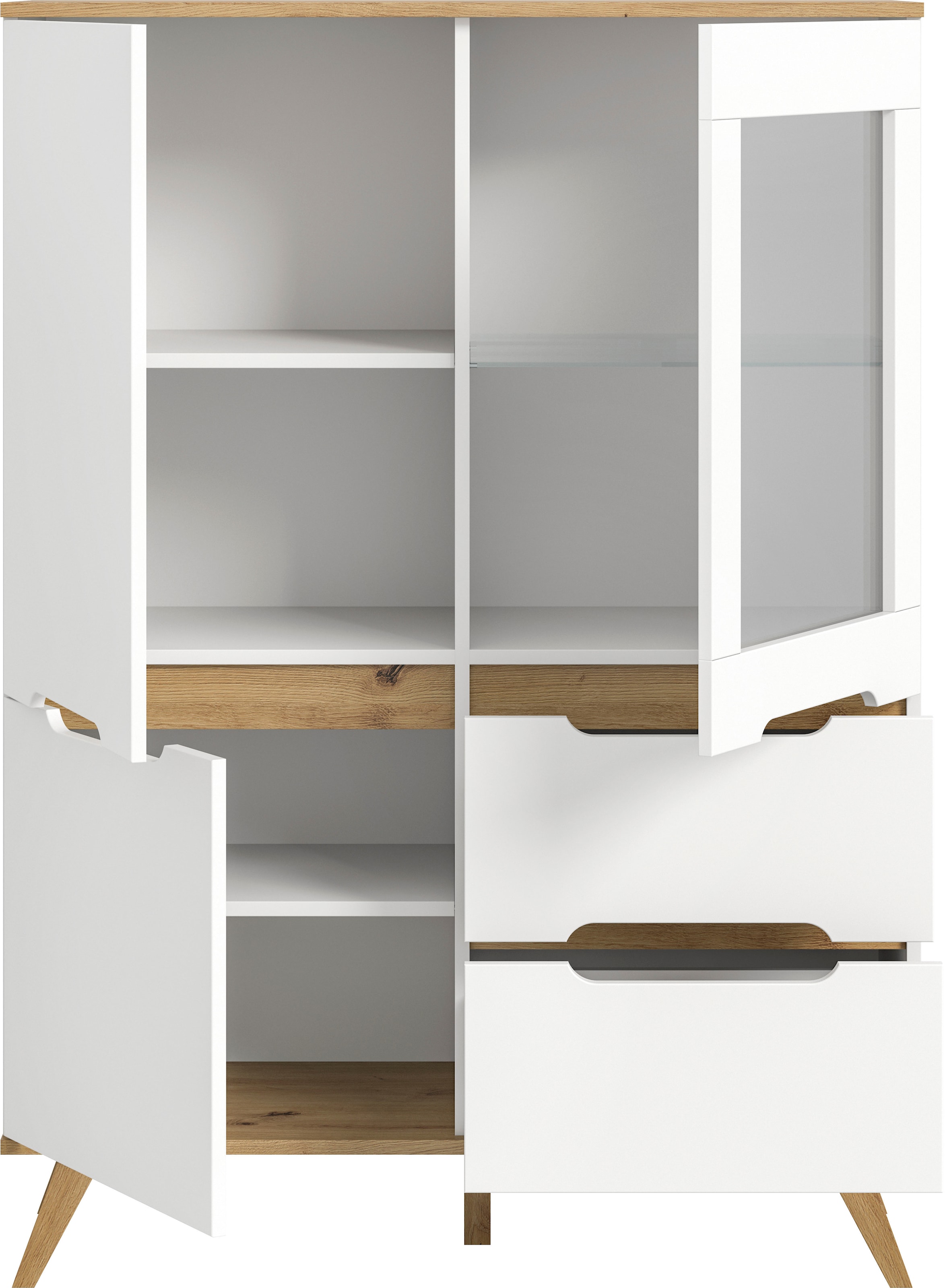 Home affaire Highboard »Alesund, Höhe 140cm, 2 Türen, 1 Schubkasten,konischer Fuss, Scandi-Look«, Anrichte, Schrank, Kommode, Midischrank, Wohnmöbel, Wohnzimmer