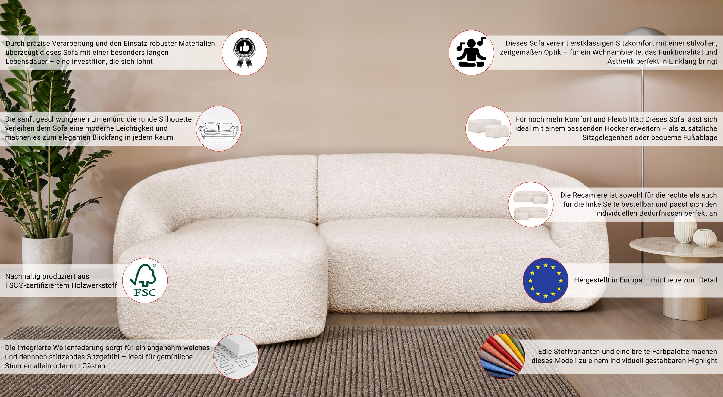 LeGer Home by Lena Gercke Ecksofa »YANI, L-Form, Designersofa, organische Form, Masse B/T/H: 255/170/81 cm«, mit Wellenunterfederung, auch in Bouclé, Recamiere rechts/links