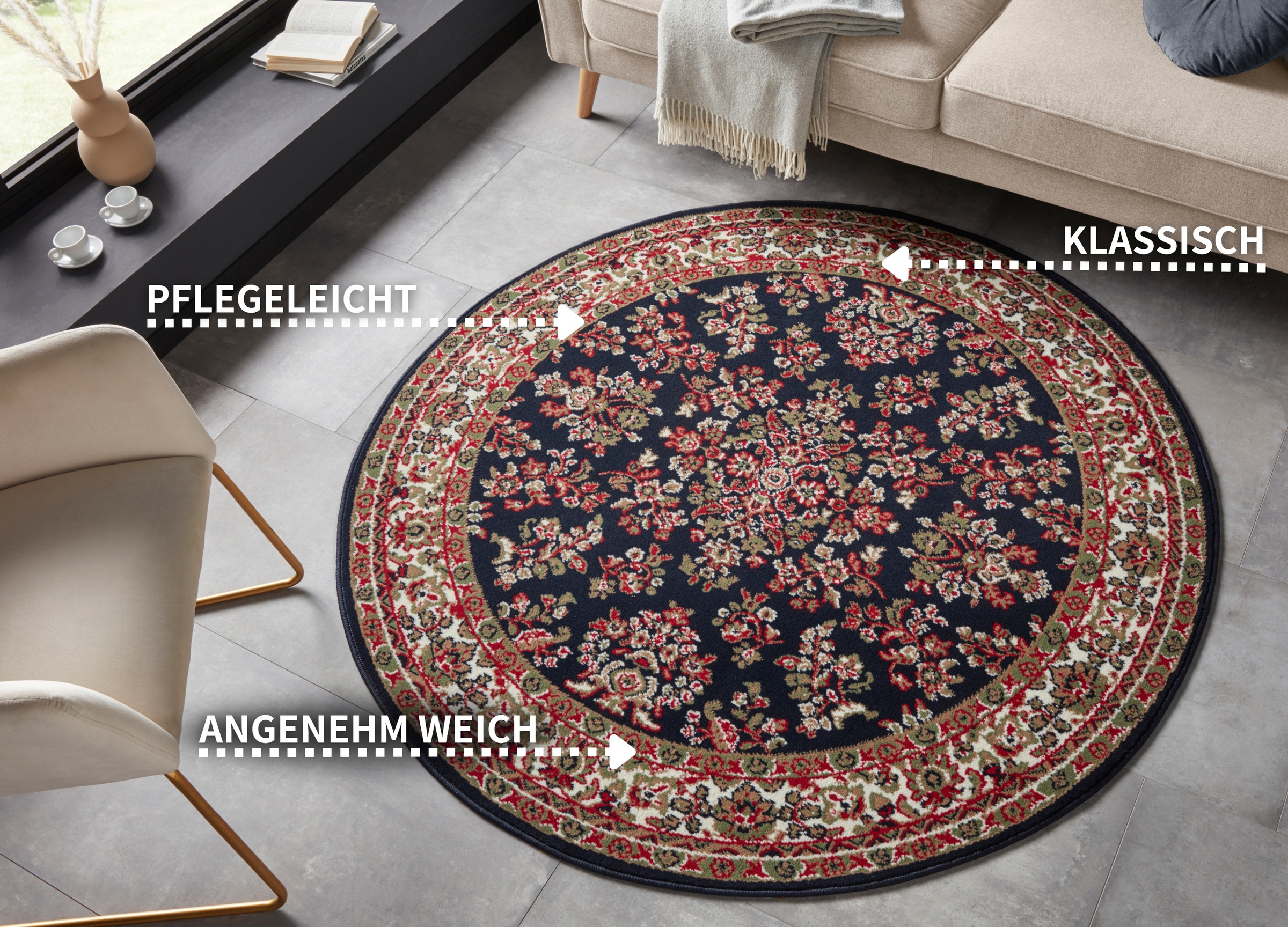 HANSE Home Teppich »Halton«, rund, 8 mm Höhe, Kurzflor, Orient Optik, mit Bordüre, robust, pflegeleicht, gekettelt
