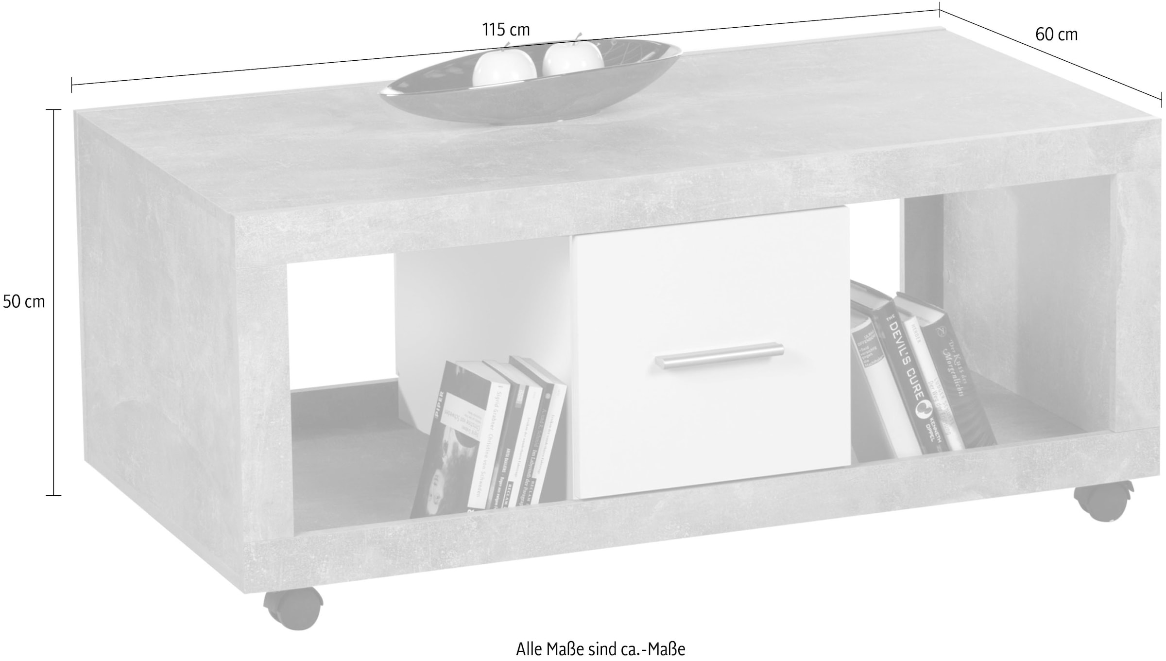 Stolkom Couchtisch »Stone rollbar mit Schubkästen, Beton weiss, BxHxT 115x50x60 cm«, Rollbar, 2 Schubkästen, 2 offene Fächer, Beton Dekor-Weiss