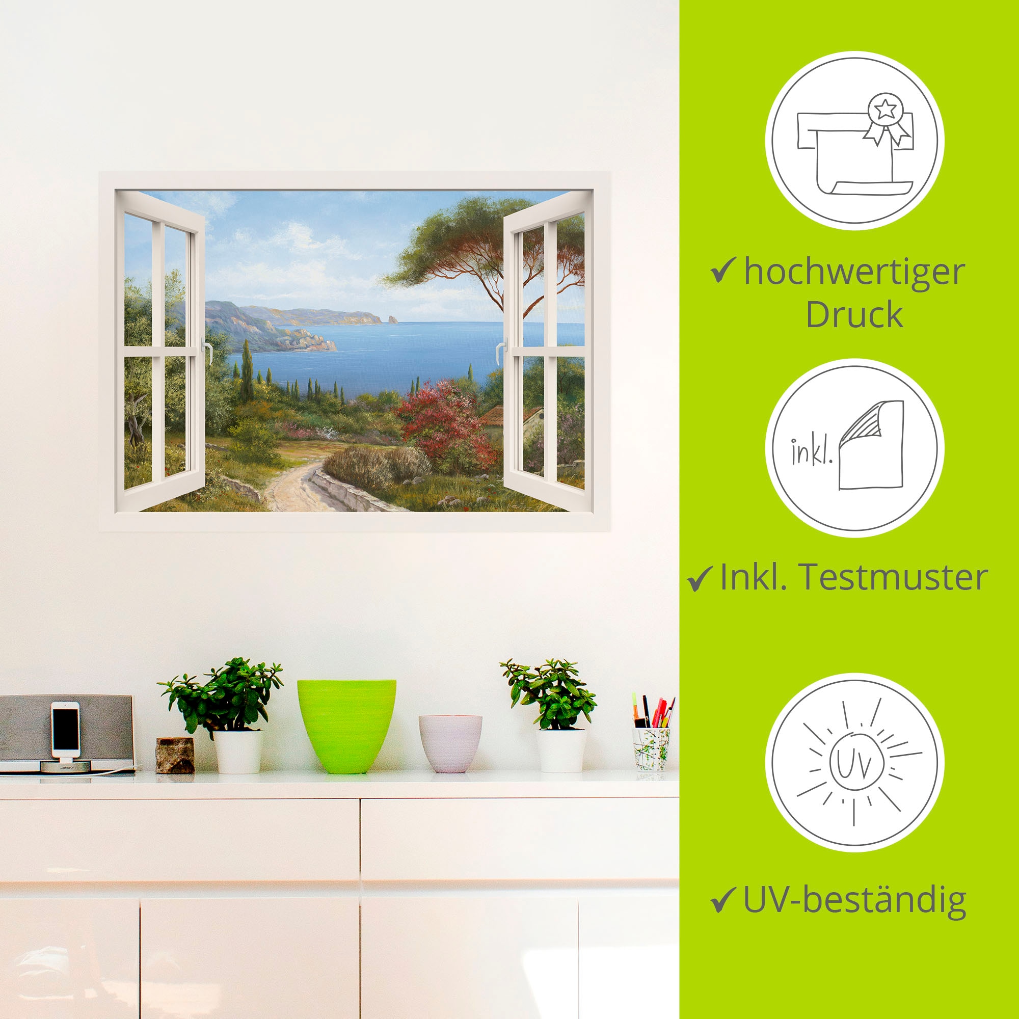 Artland Wandbild »Fensterblick - Haus am Meer I«, Fensterblick, (1 St.), als Leinwandbild, Poster, Wandaufkleber in verschied. Grössen