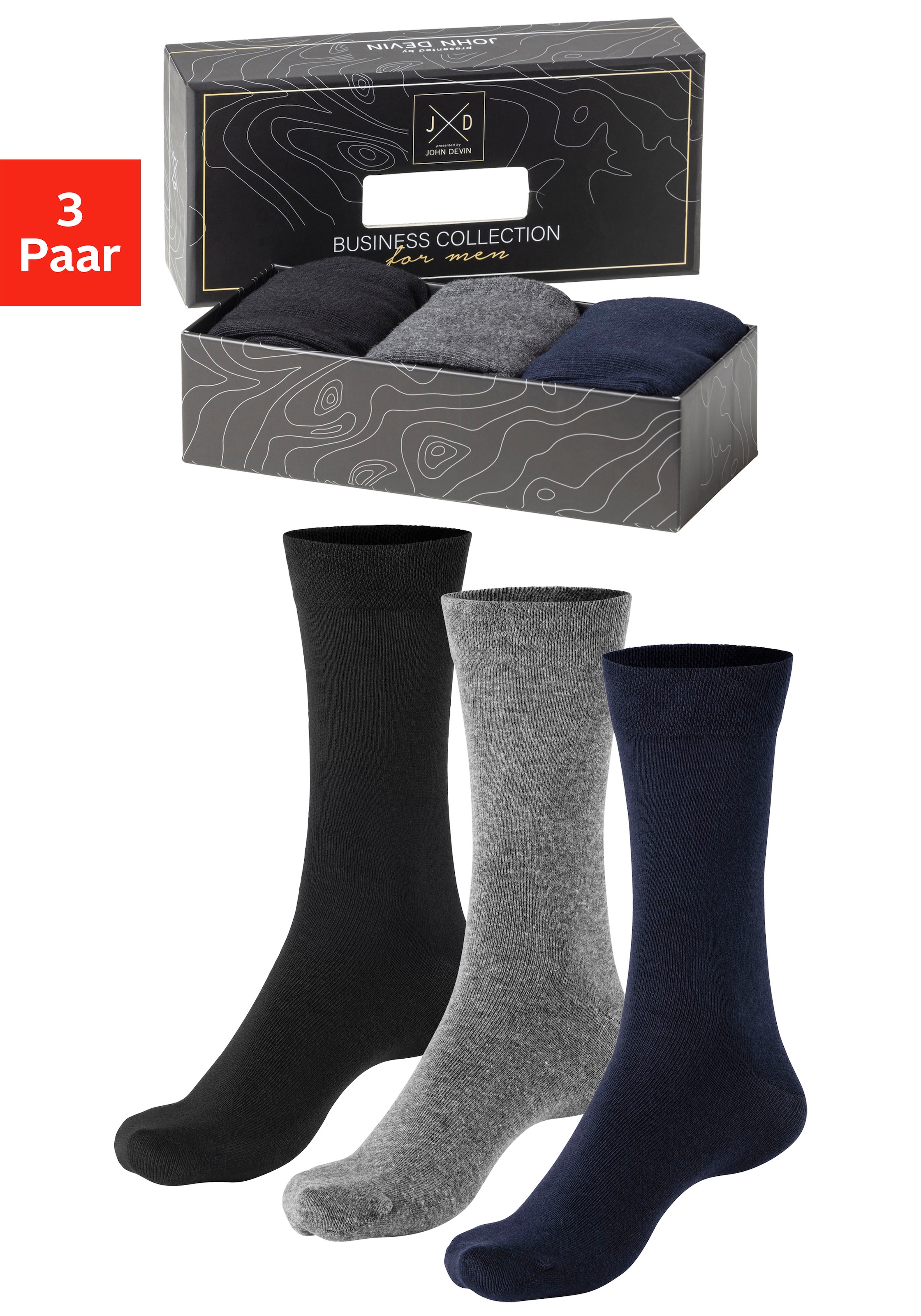 John Devin Businesssocken, (Packung, 3 Paar), mit längerer Schaftlänge, verpackt in einer Box