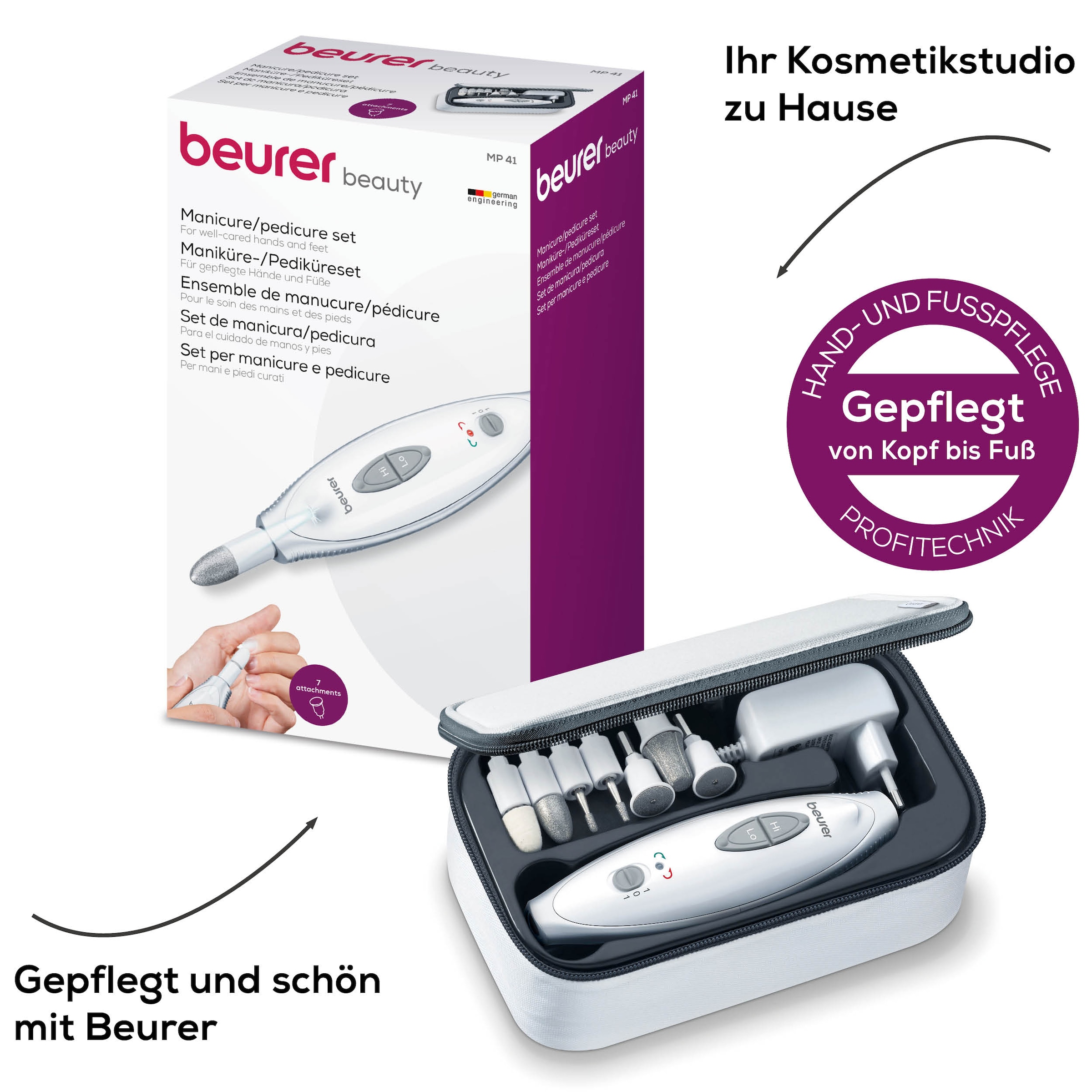 BEURER Maniküre-Pediküre-Set »MP 41 elektrische Nagelfeile, für gepflegte Hände und Füsse zuhause«, Inkl. 7 Aufsätze aus Saphir und Filz, mit LED-Licht und Etui