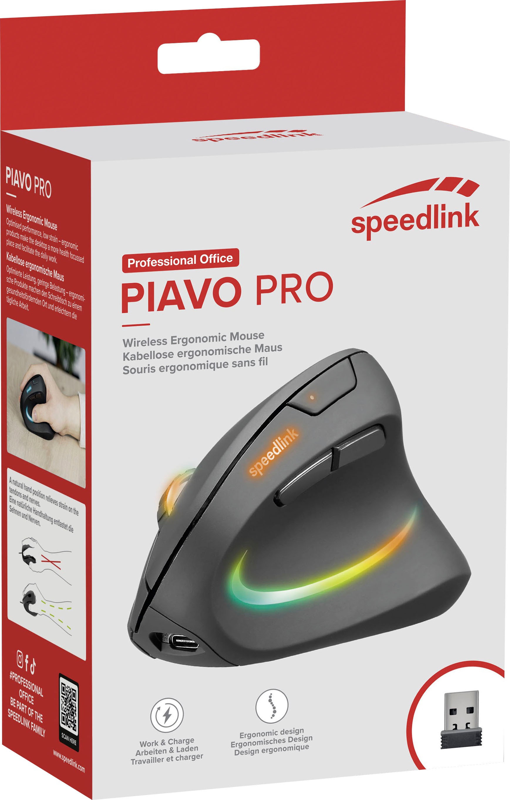 Speedlink ergonomische Maus »PIAVO PRO RGB Rechargeable Vertical Ergonomic, Wireless«, wiederaufladbar, leise Tasten