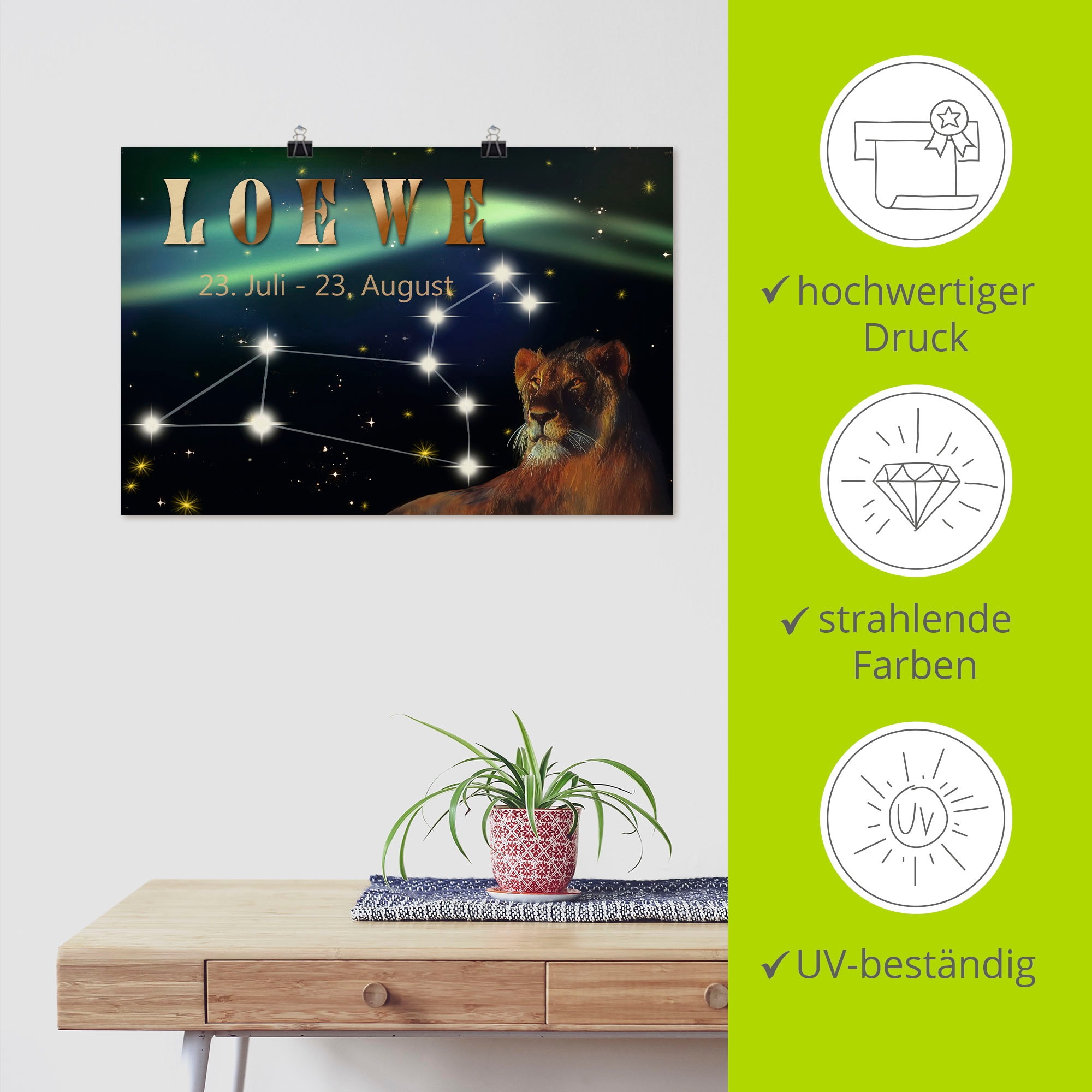 Artland Wandbild »Sternzeichen - Löwe«, Bilder von Sternzeichen, (1 St.), als Leinwandbild, Poster, Wandaufkleber in verschied. Grössen