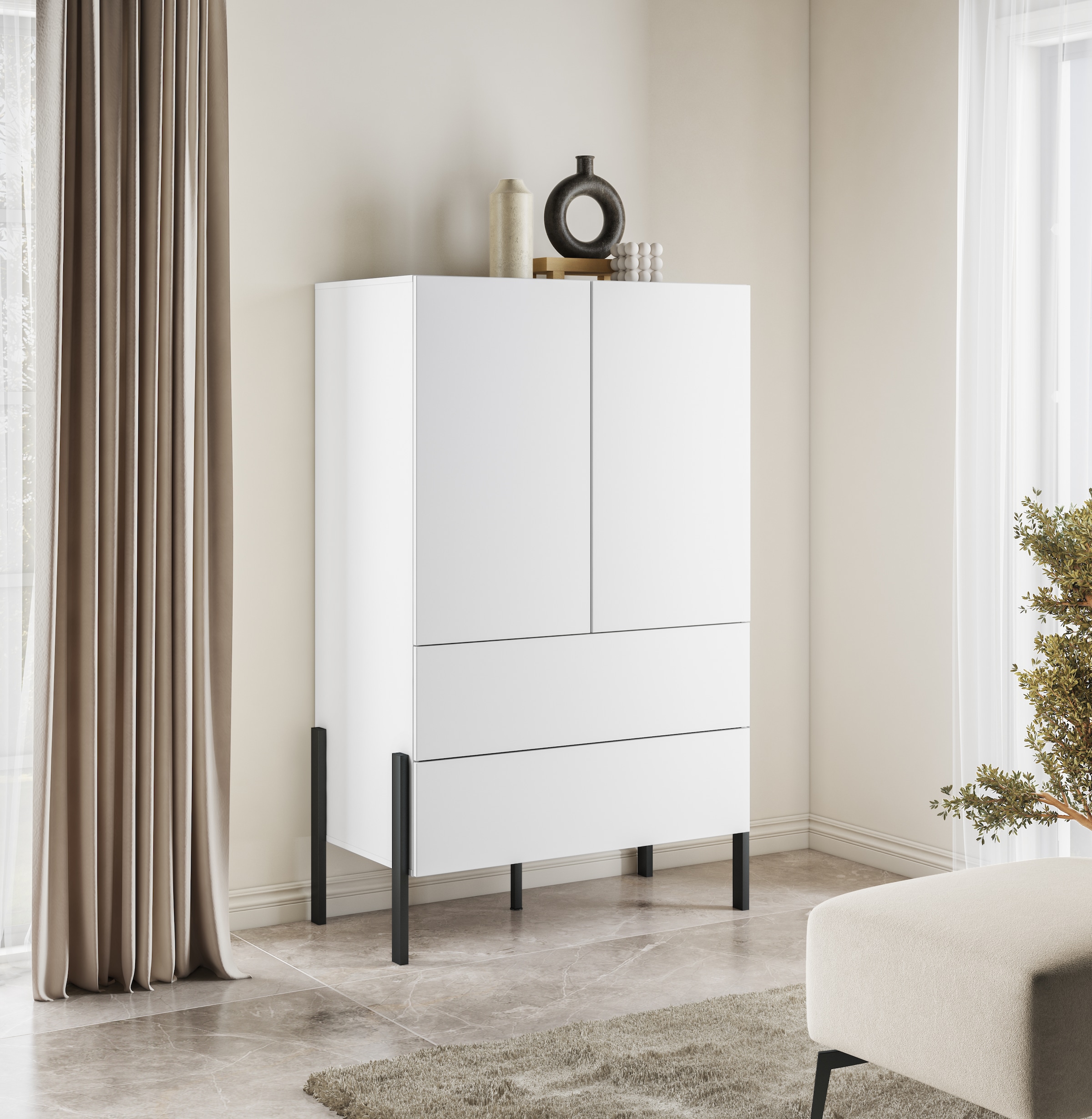 Home affaire Wäscheschrank »Jukon, moderner griffloser Kleiderschrank, Metallfüsse, Made in Europe«, (90x150x50, ideal für kleine Räume oder Nischen), Mehrzweckschrank,2 Schubladen, 2 Türen, FSC-zertifiziert