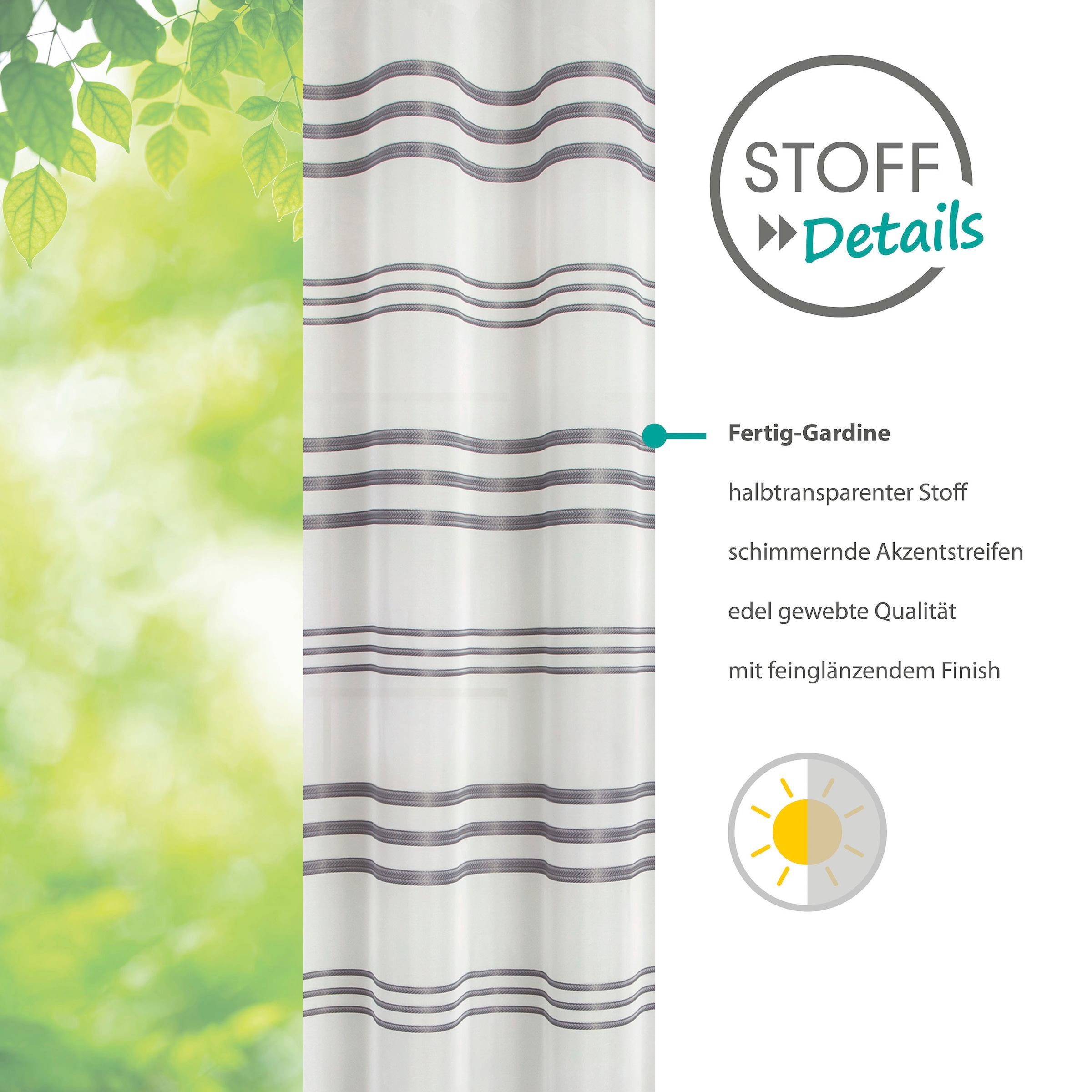 decolife Gardine »Nalu«, (1 St.), Ösenschal weiss mit grauen Streifen