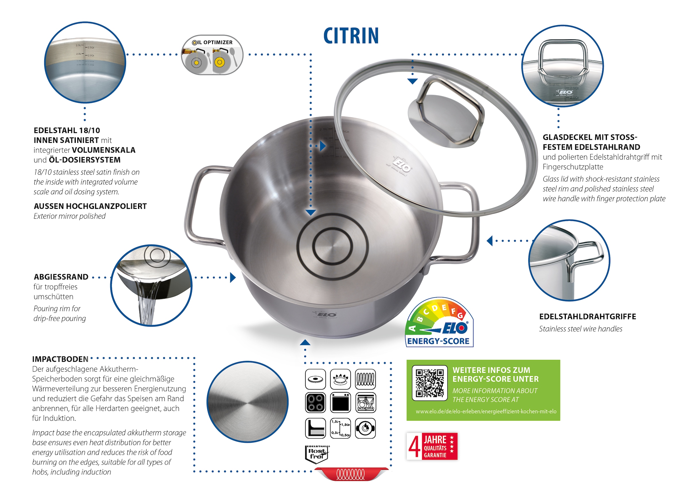 Elo Topf-Set »Citrin«, Edelstahl, (Set, 7 tlg., je 1 Fleischtopf Ø 16/20/24 cm, 1x Stielkasserolle Ø 16 cm), Induktion