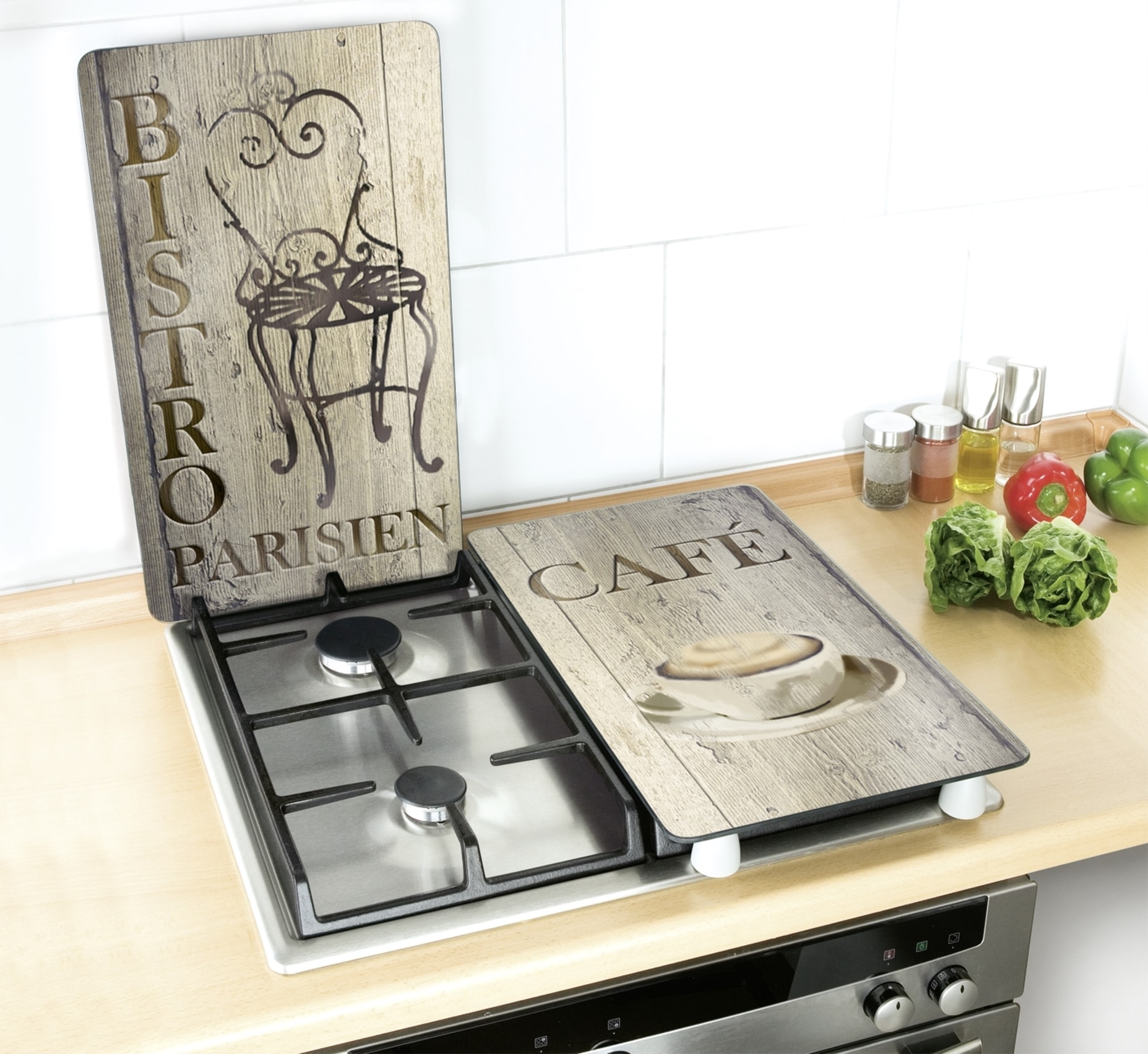 WENKO Herd-Abdeckplatte »Universal Modell Bistro«, (Set, 2 tlg.), Herdabdeckung für alle Herdarten, kratzfest, mit rutschfesten Füssen
