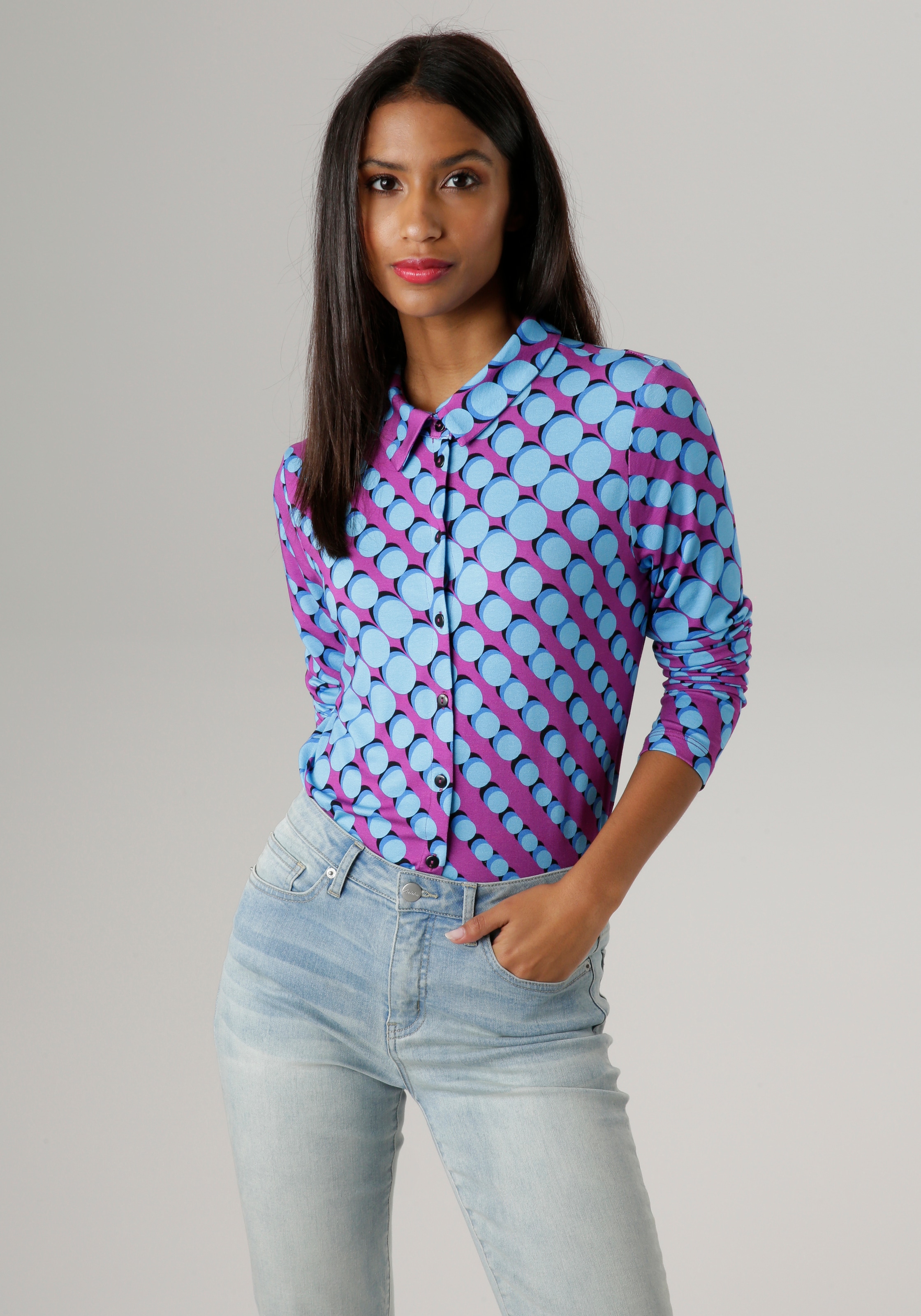 bestellen KOLLEKTION Jelmoli-Versand elastischem Punktedruck Jersey, Hemdbluse, Aniston aus online NEUE | SELECTED - retro mit