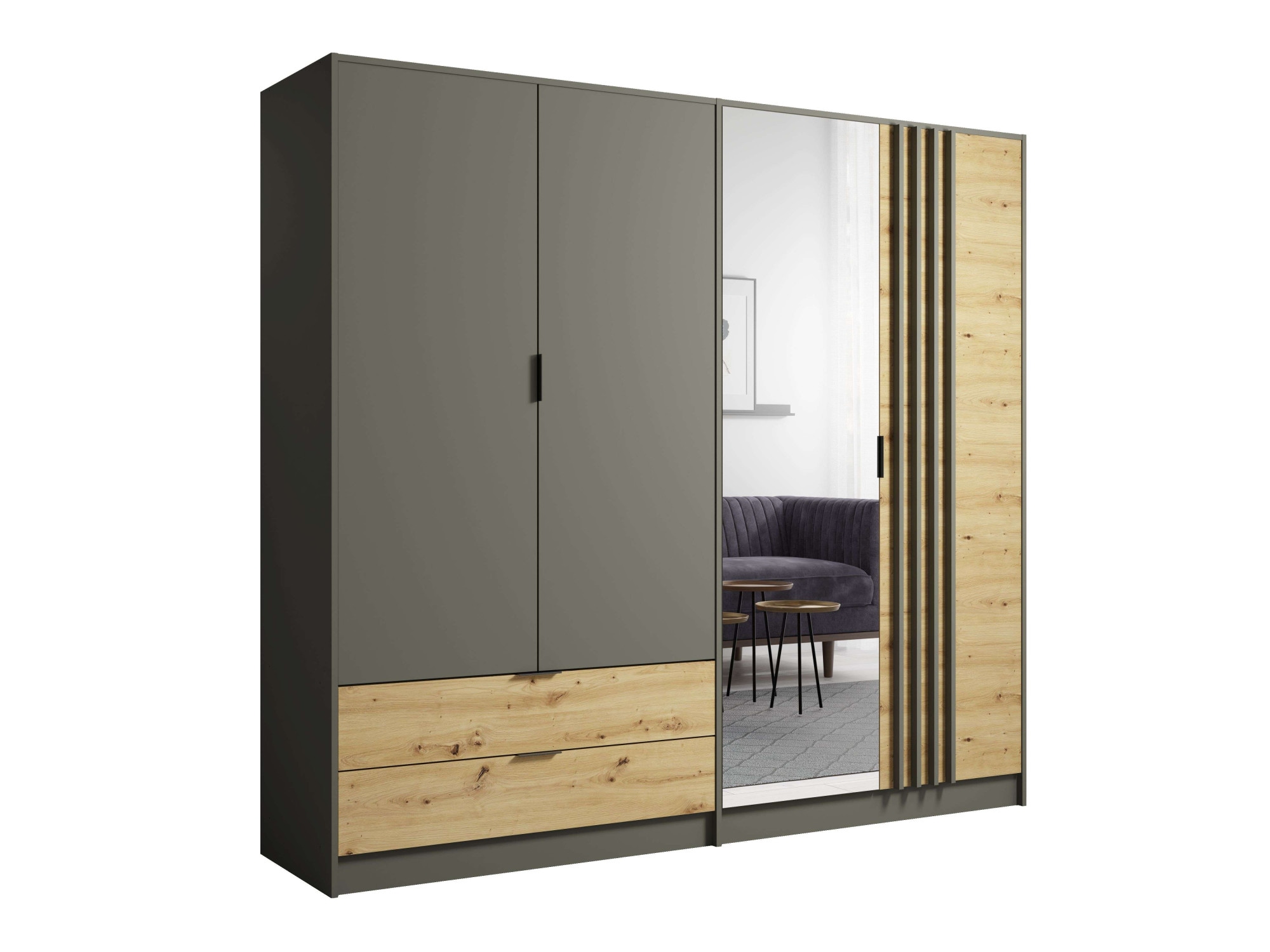 Home affaire Kleiderschrank »Kleiderschrank Loreto mit Schubkästen und Spiegel, B/T/H 220/54/202 cm«, Schrank mit Drehtüren und Schubladen, Spiegel und MDF-Lamellen