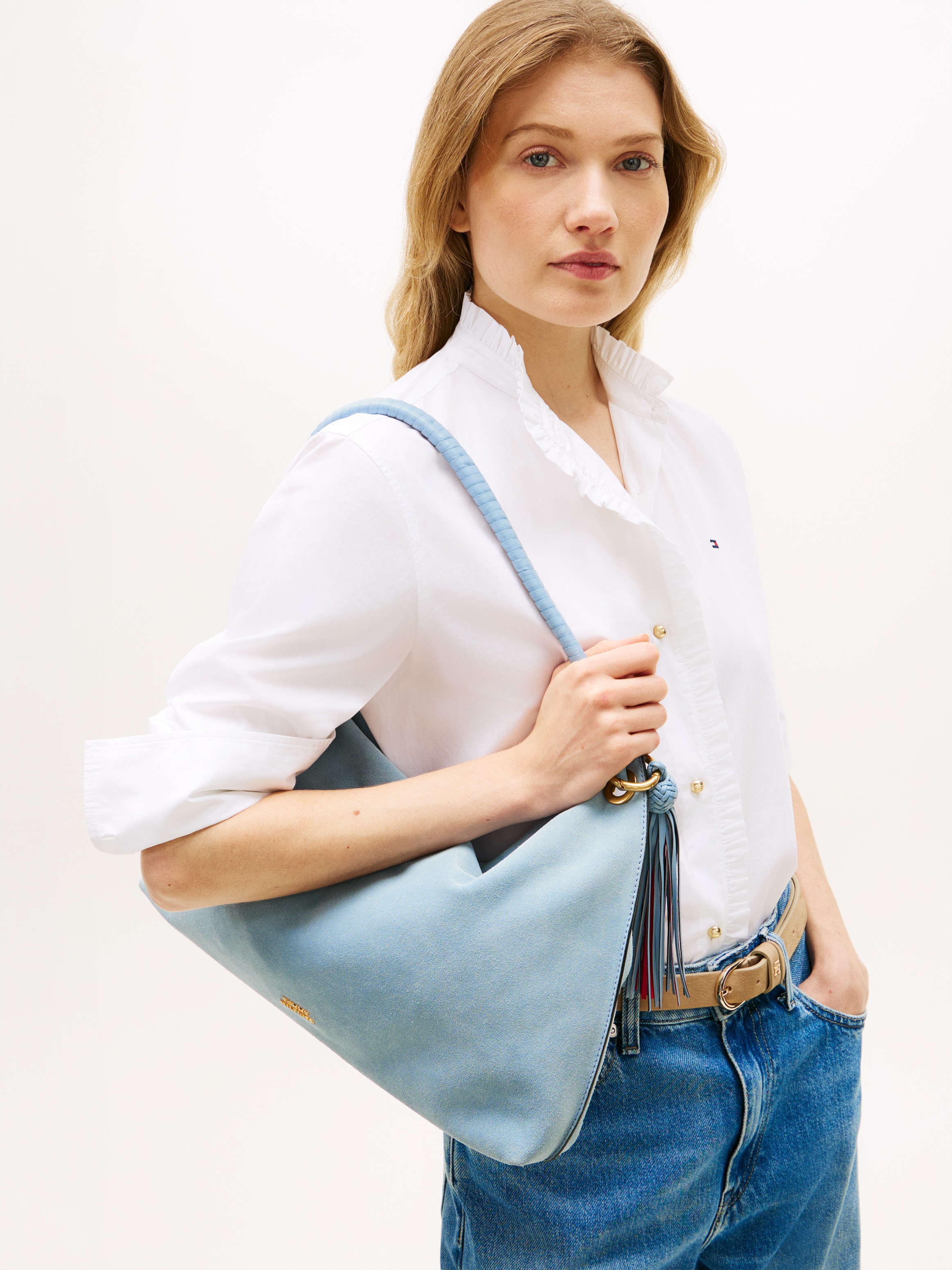 Tommy Hilfiger Schultertasche "TH STATEMENT LEATHER BAG SUEDE" Damen Tragetasche, Handtasche mit modischen Quasten
