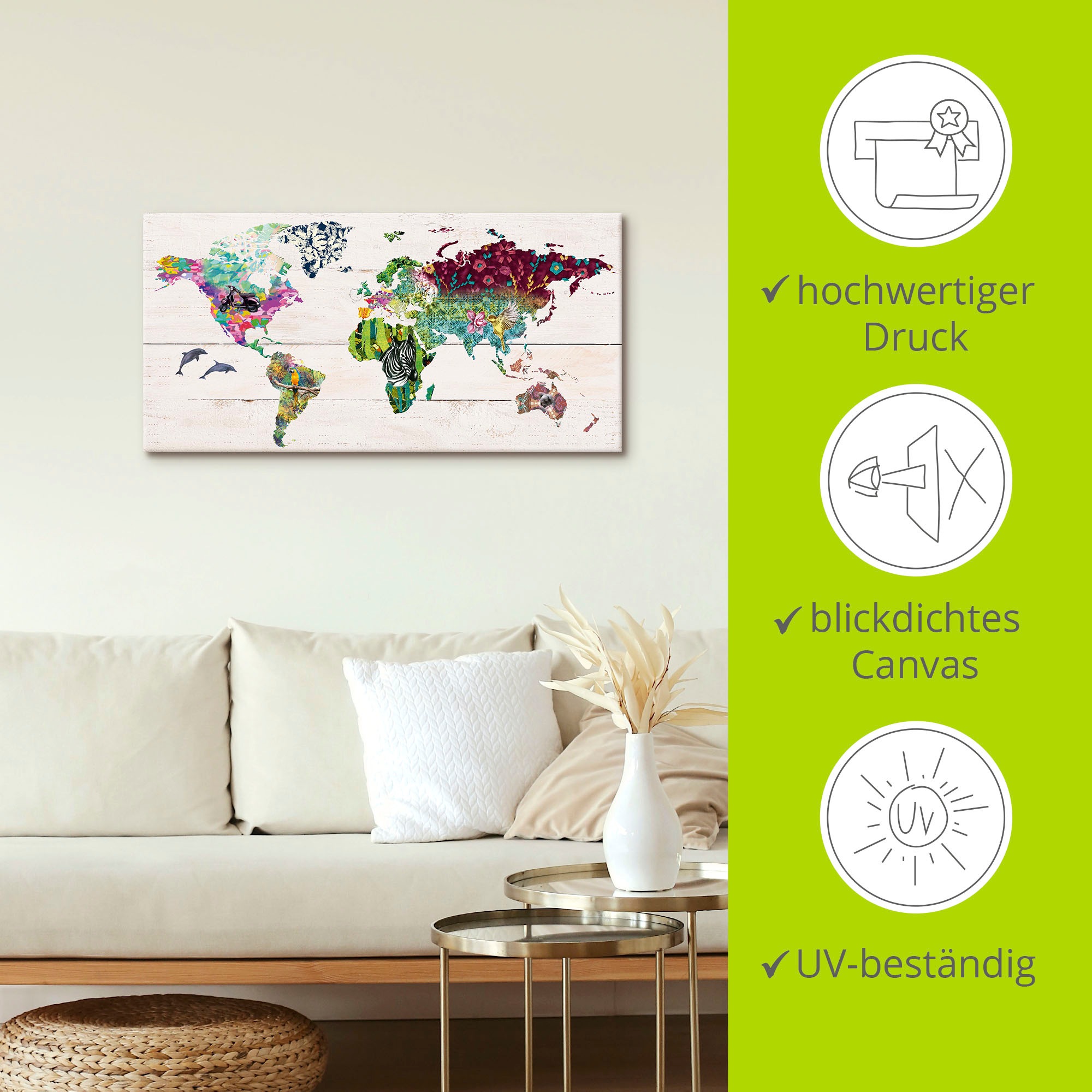 Artland Wandbild »Bunte Welt auf hölzernem Untergrund«, Landkarten, (1 St.), als Leinwandbild, Poster in verschied. Grössen