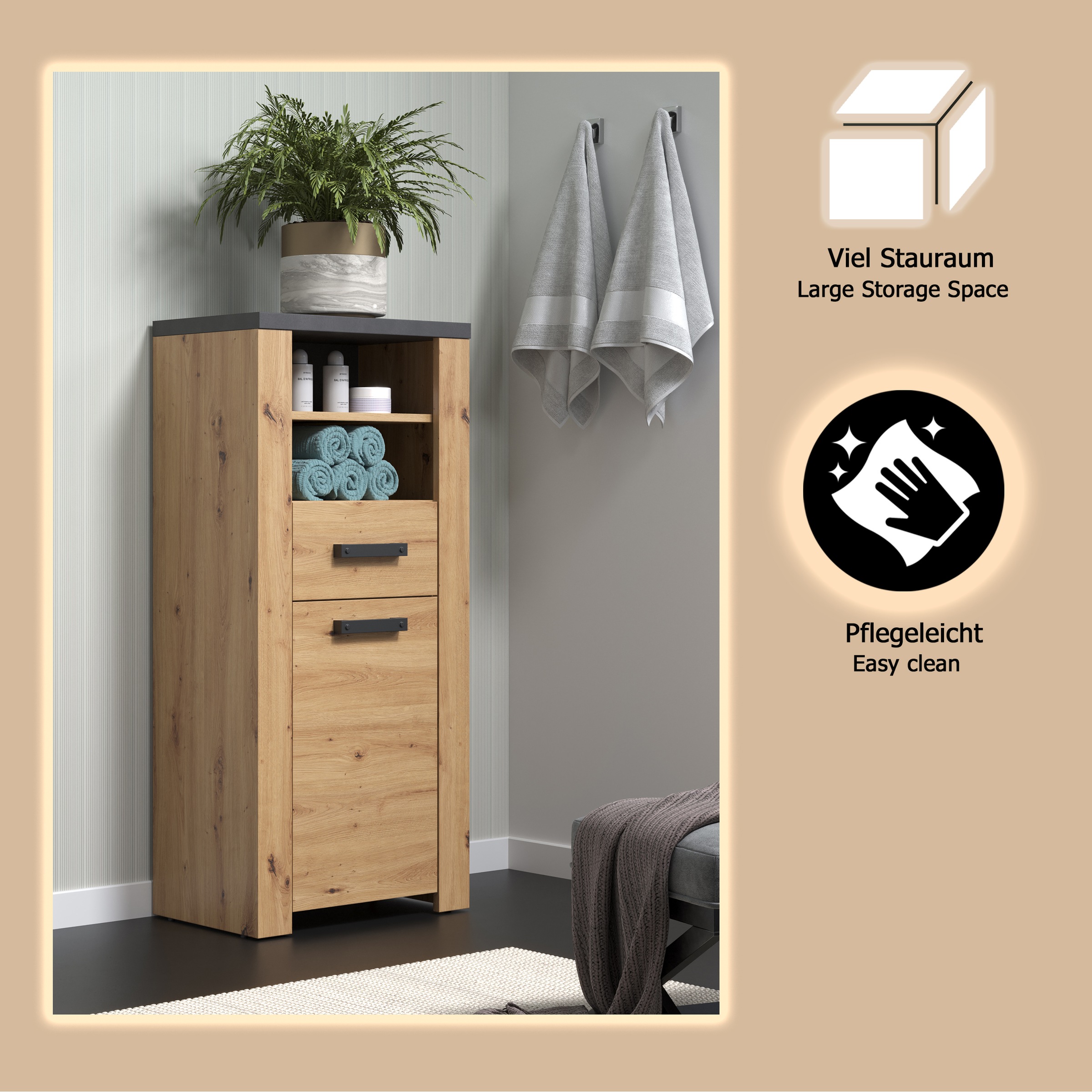 welltime Midischrank »Ambres«, (1 St.), Badschrank in matter Echtholzoptik - Masse (B/T/H) 53/35/118 cm
