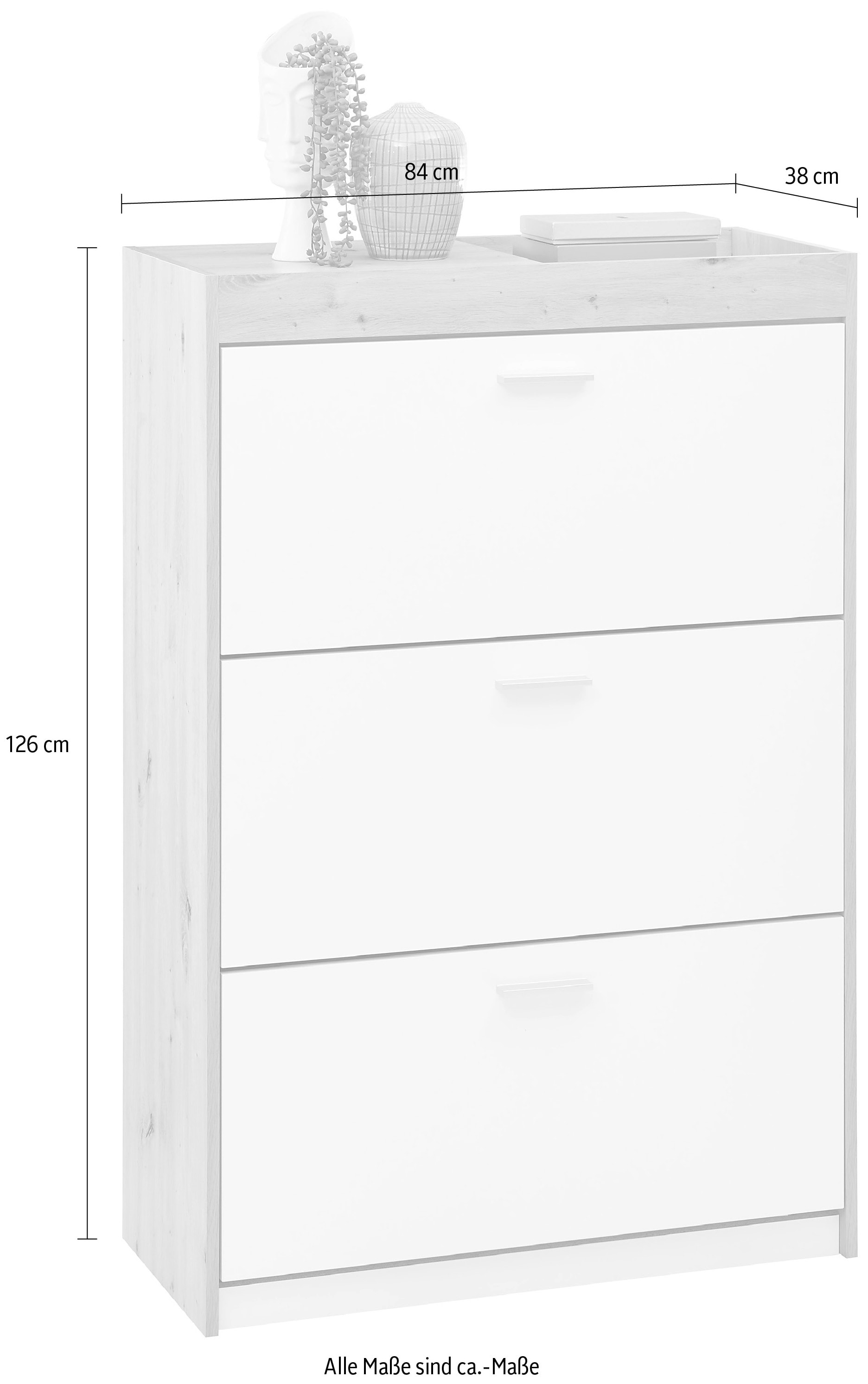 HBZ Schuhschrank »Paris weiss matt, BxHxT 84x126x38 cm«, (1 St.), Schuhkipper mit 3 Klappen, Platz für ca. 18-24 Paar Schuhe