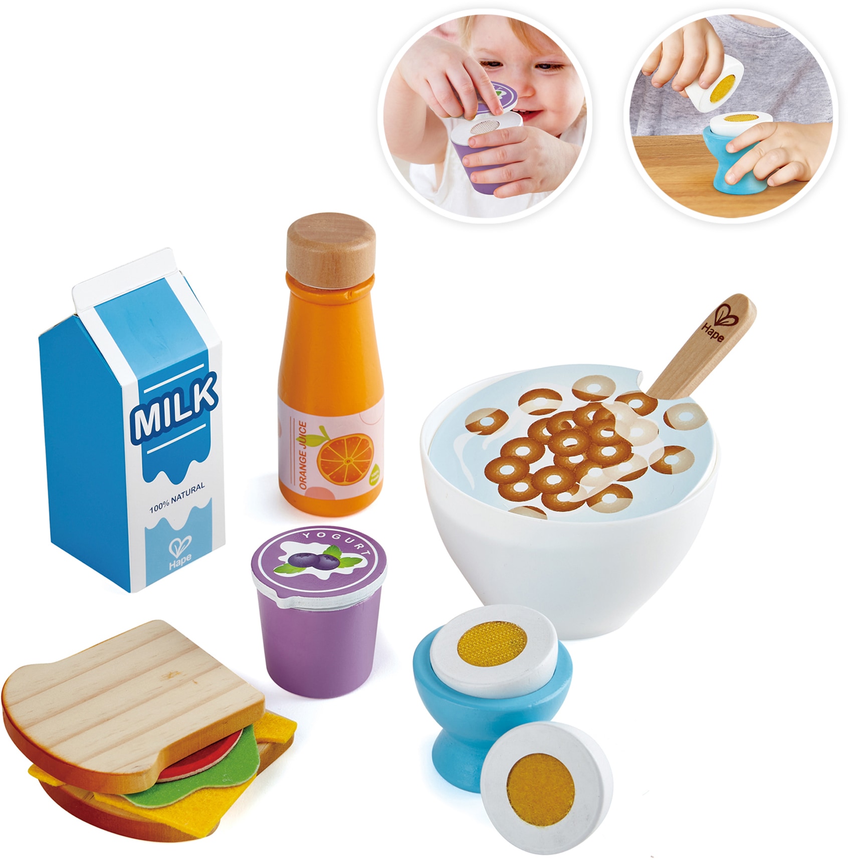 Spiellebensmittel »Frühstücks-Set«, aus Holz; für Kaufladen oder Kinderküche