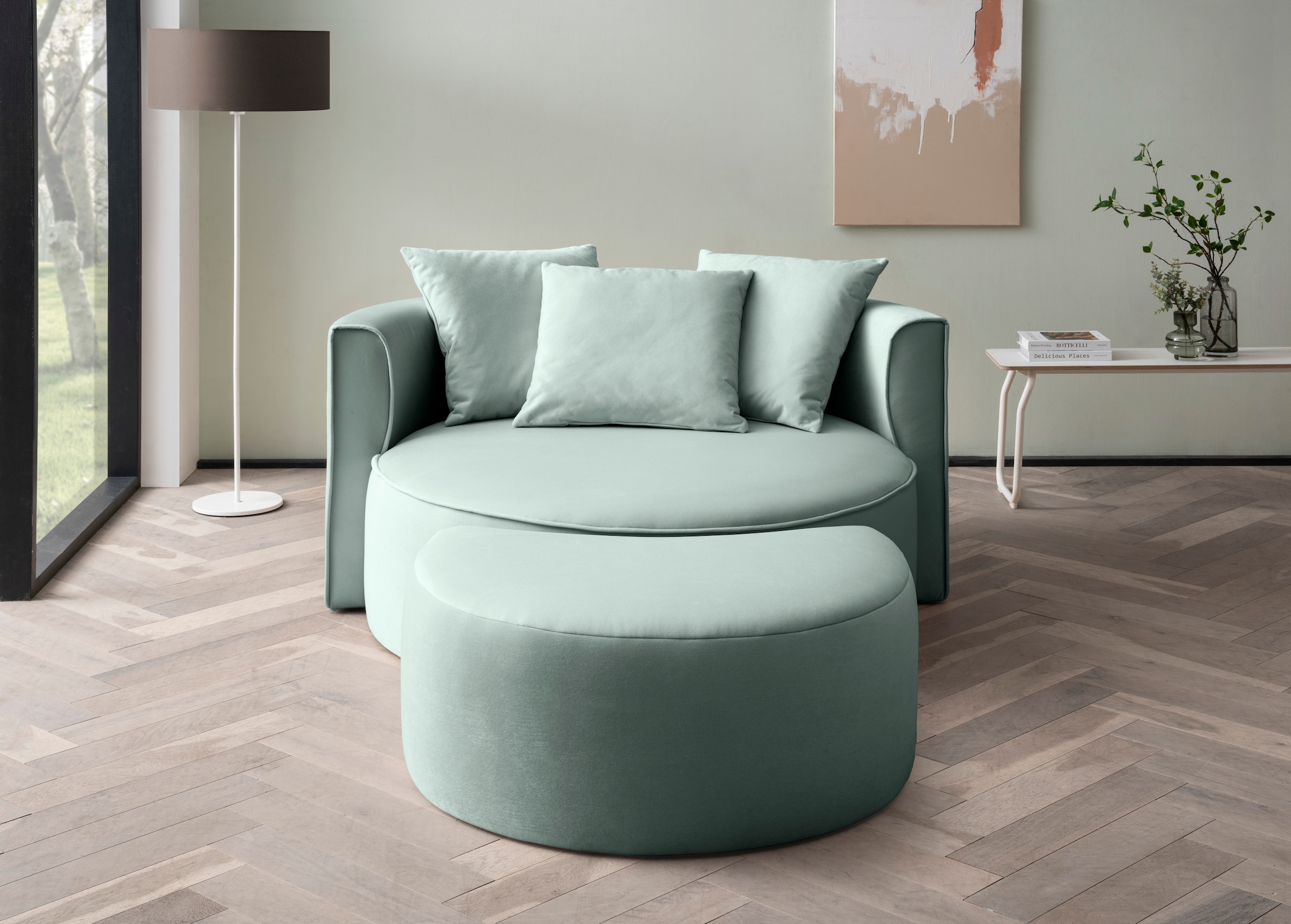 LeGer Home by Lena Gercke XXL-Sessel »ISALIE, Rundsessel mit Hocker, Lesesessel, Loveseat, Big-Sessel«, (Set), trendige Stoffe, 3 Zierkissen, grosse Sitzfläche, Cord, Samt, Bouclé