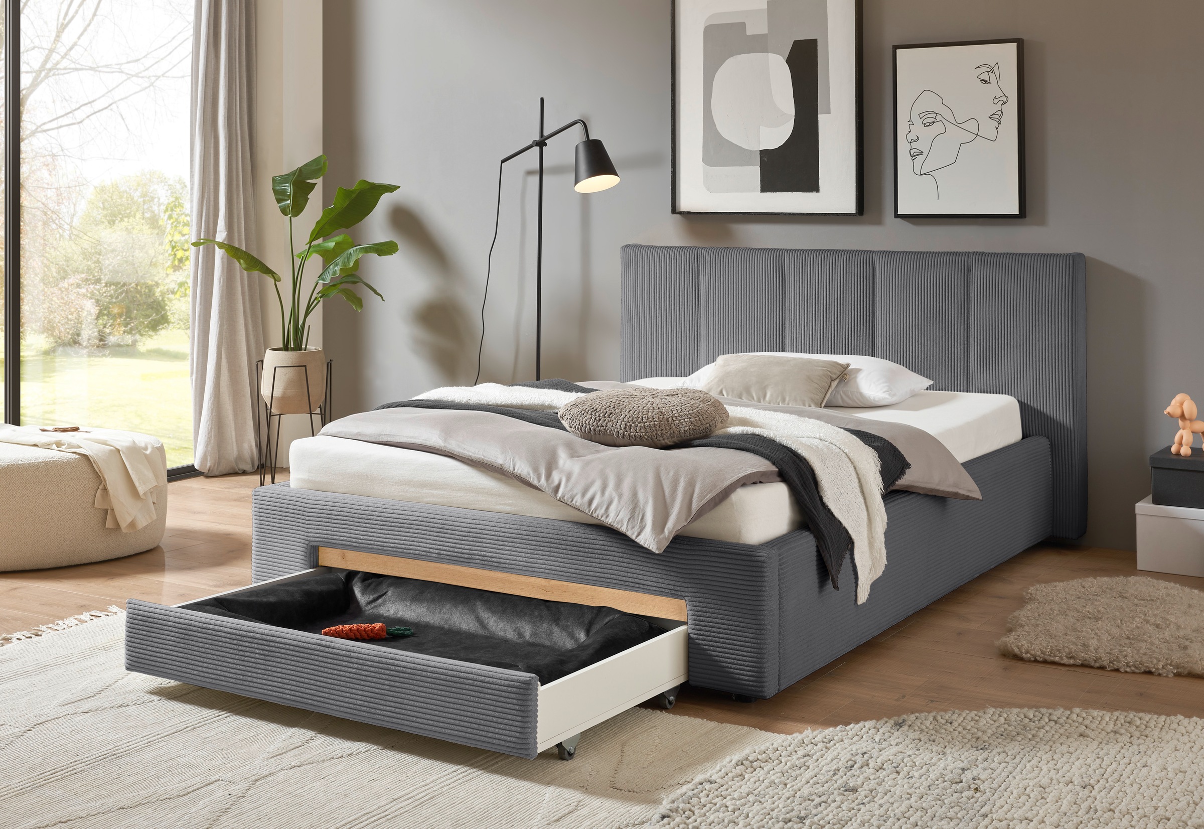 INOSIGN Polsterbett »CiTY/GiRON, Bettgestell mit Bettkasten, gepolstertes Stauraumbett«, mit Hundebett oder Stauraumschublade, Bezug Cord-oder Leinenoptik